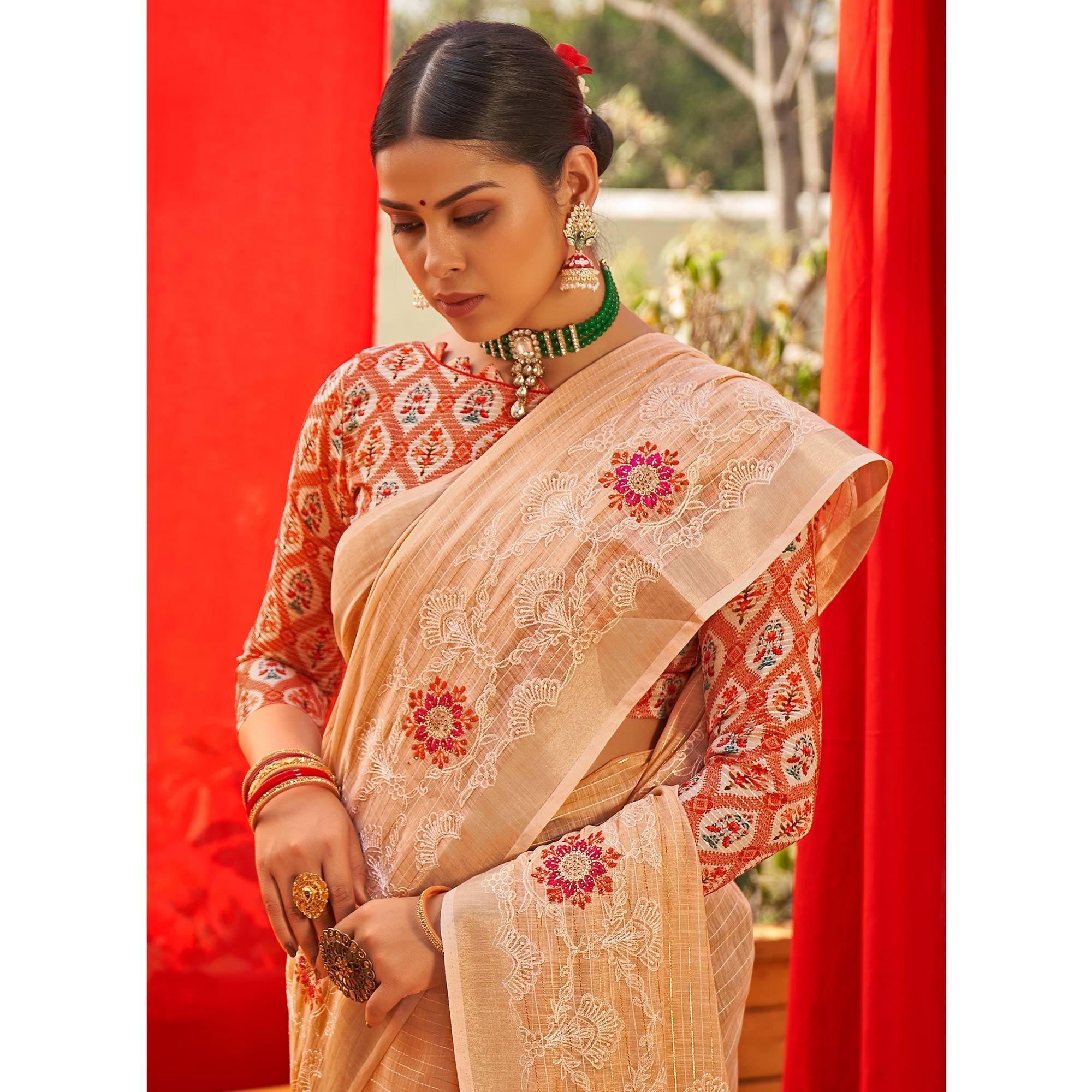 Cream Floral Embroidered Linen Saree - Peachmode