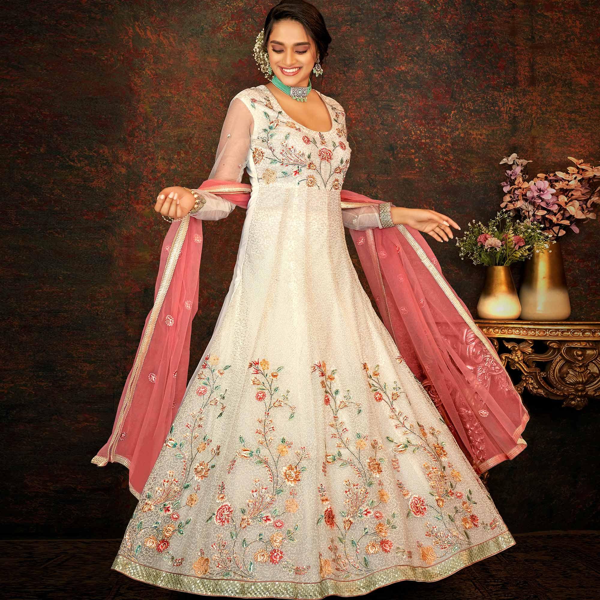 Cream Floral Embroidered Net Partywear Gown - Peachmode