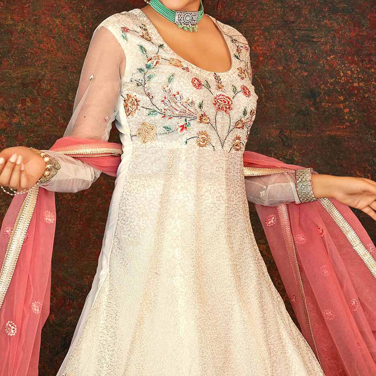 Cream Floral Embroidered Net Partywear Gown - Peachmode