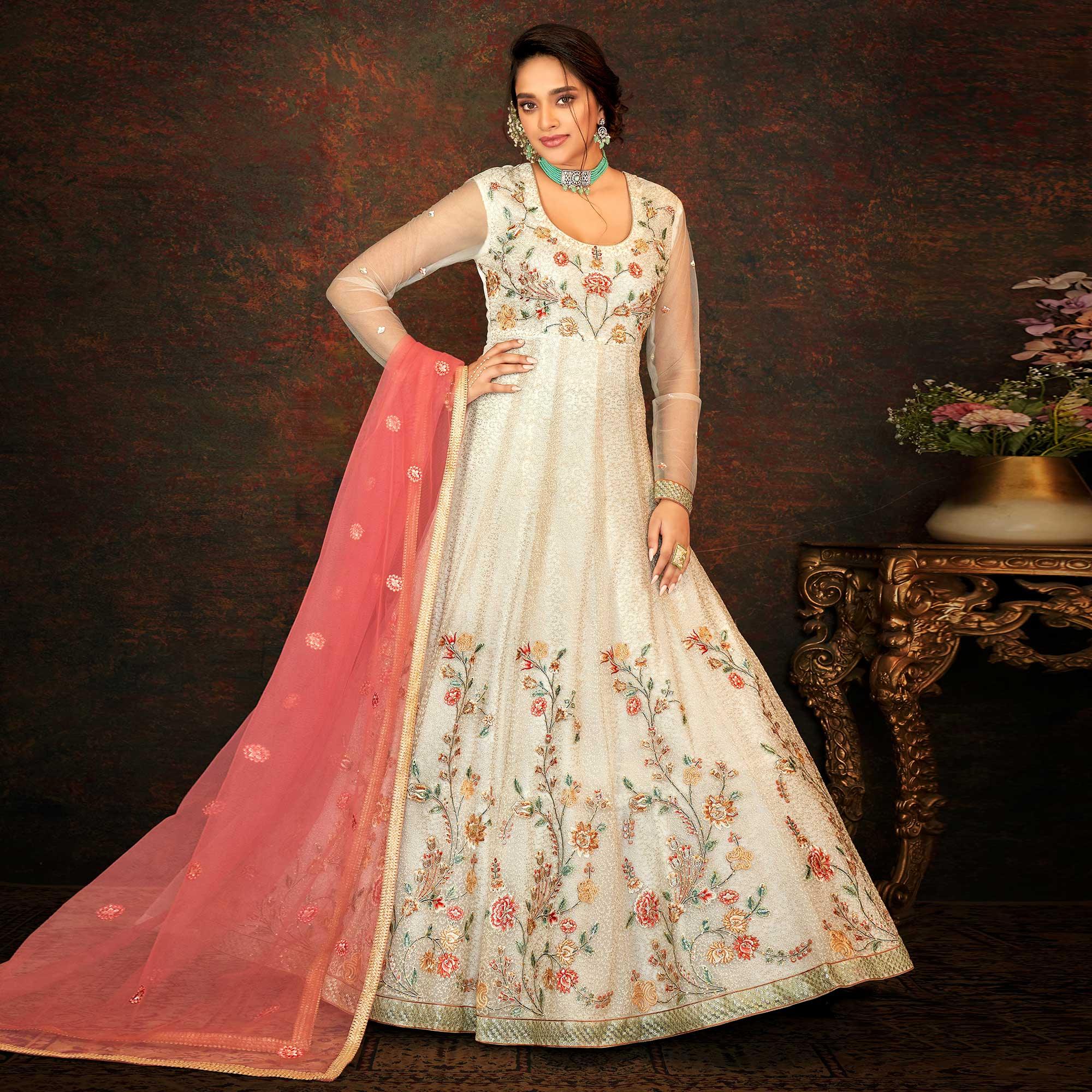 Cream Floral Embroidered Net Partywear Gown - Peachmode