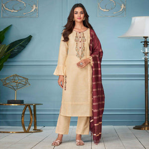 Cream Floral Embroidered Pure Cotton Kurti Pant Set With Dupatta - Peachmode