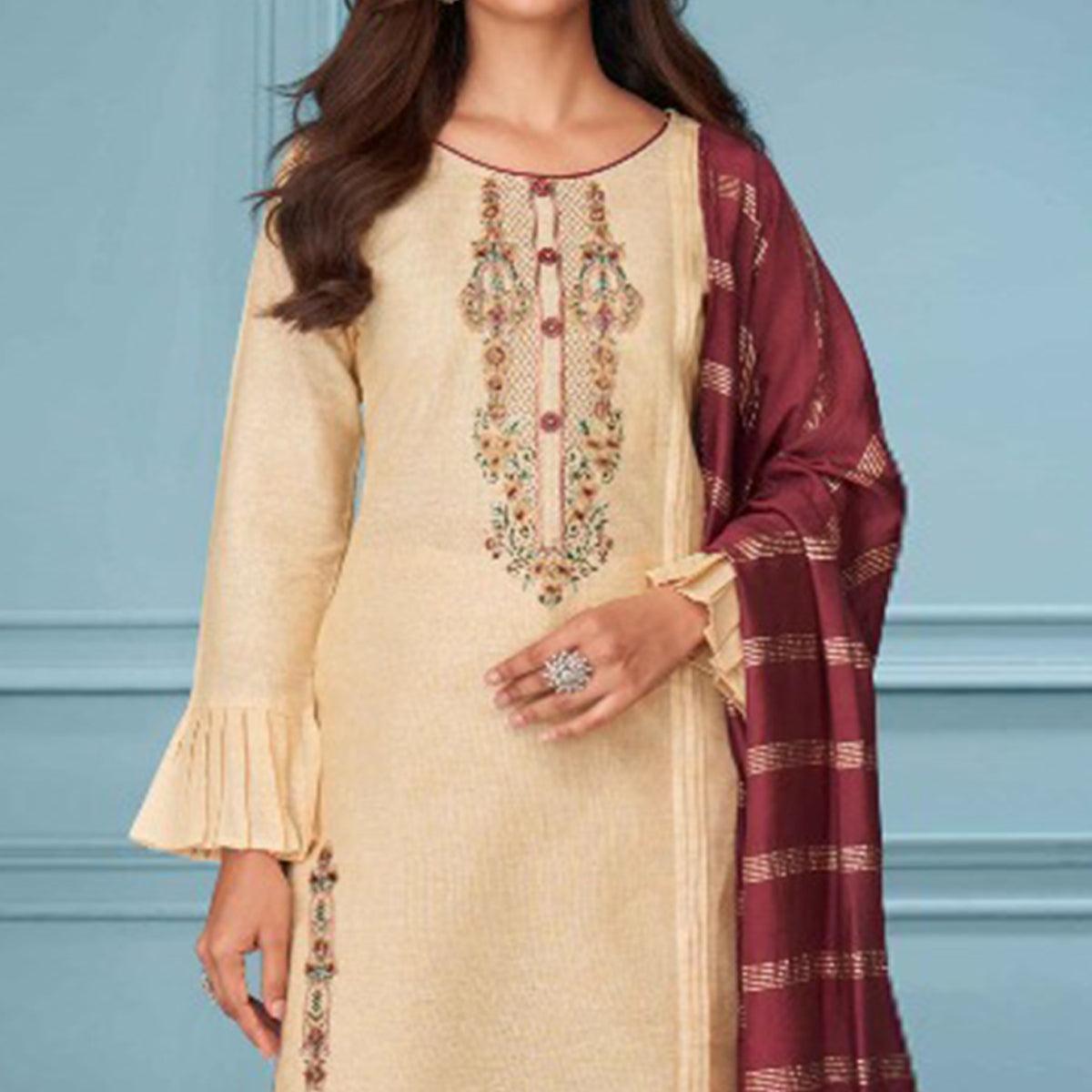 Cream Floral Embroidered Pure Cotton Kurti Pant Set With Dupatta - Peachmode