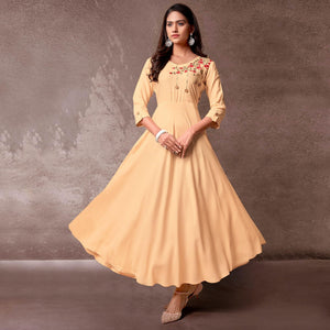 Cream Floral Embroidered Rayon Gown - Peachmode