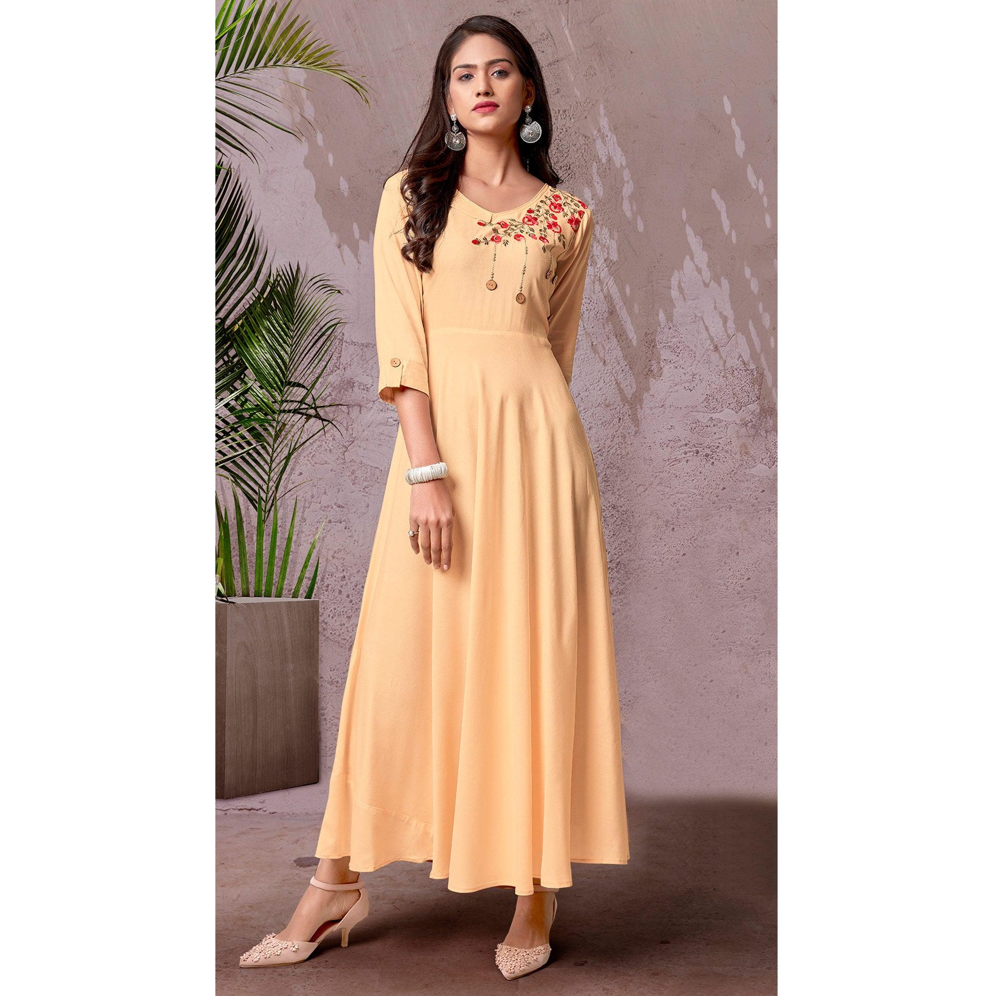 Cream Floral Embroidered Rayon Gown - Peachmode