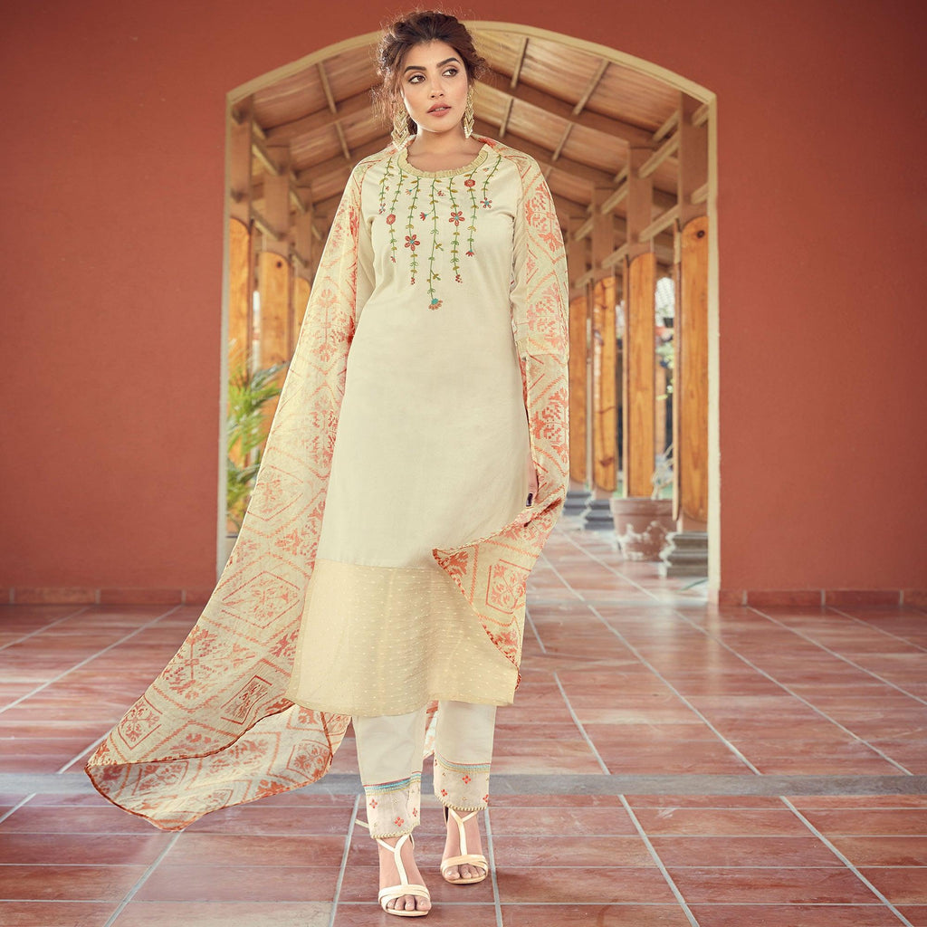 Cream Partywear Printed With Embellished Cotton Kurti Pant Set