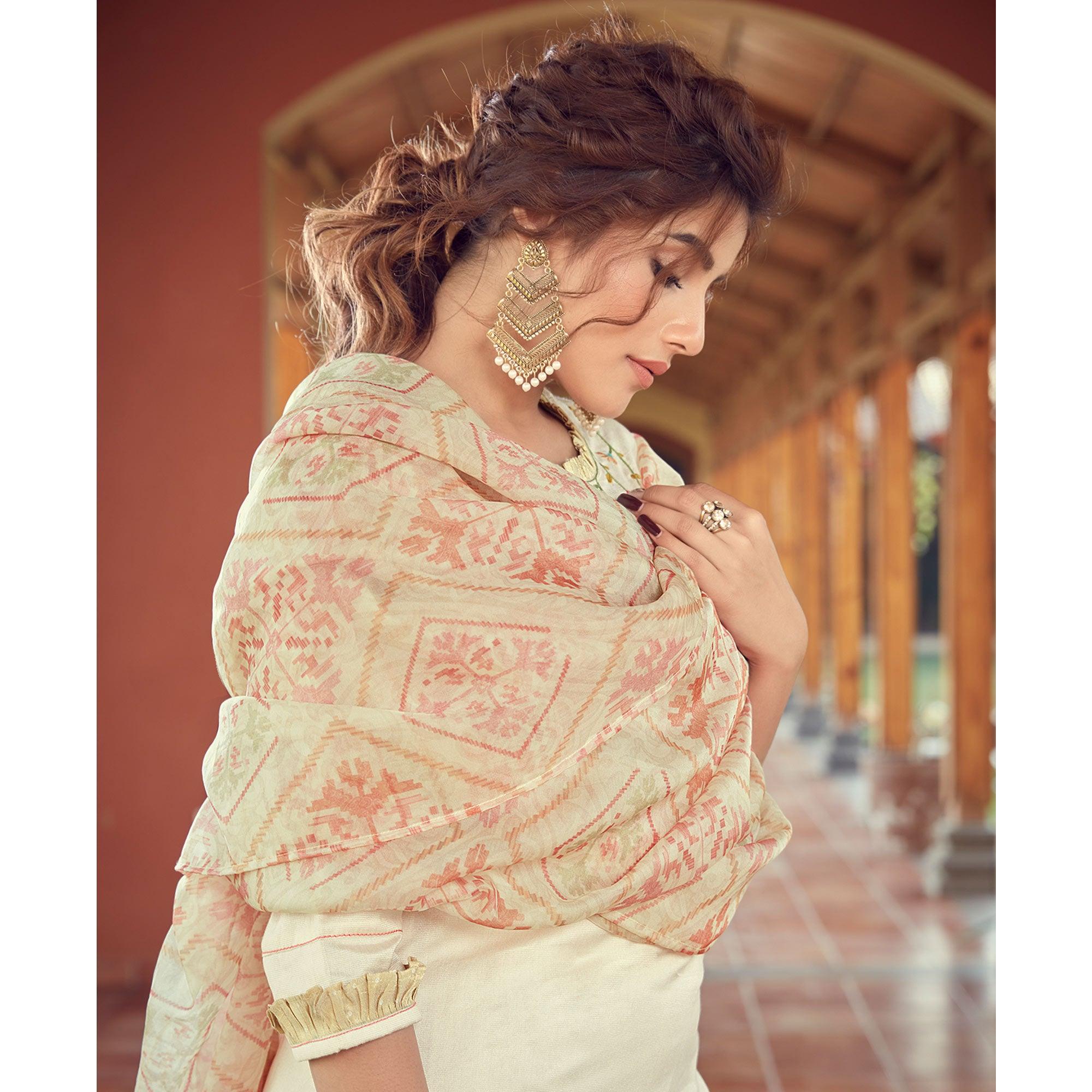 Cream Floral Embroidered Viscose Kurti - Pant Set With Dupatta - Peachmode
