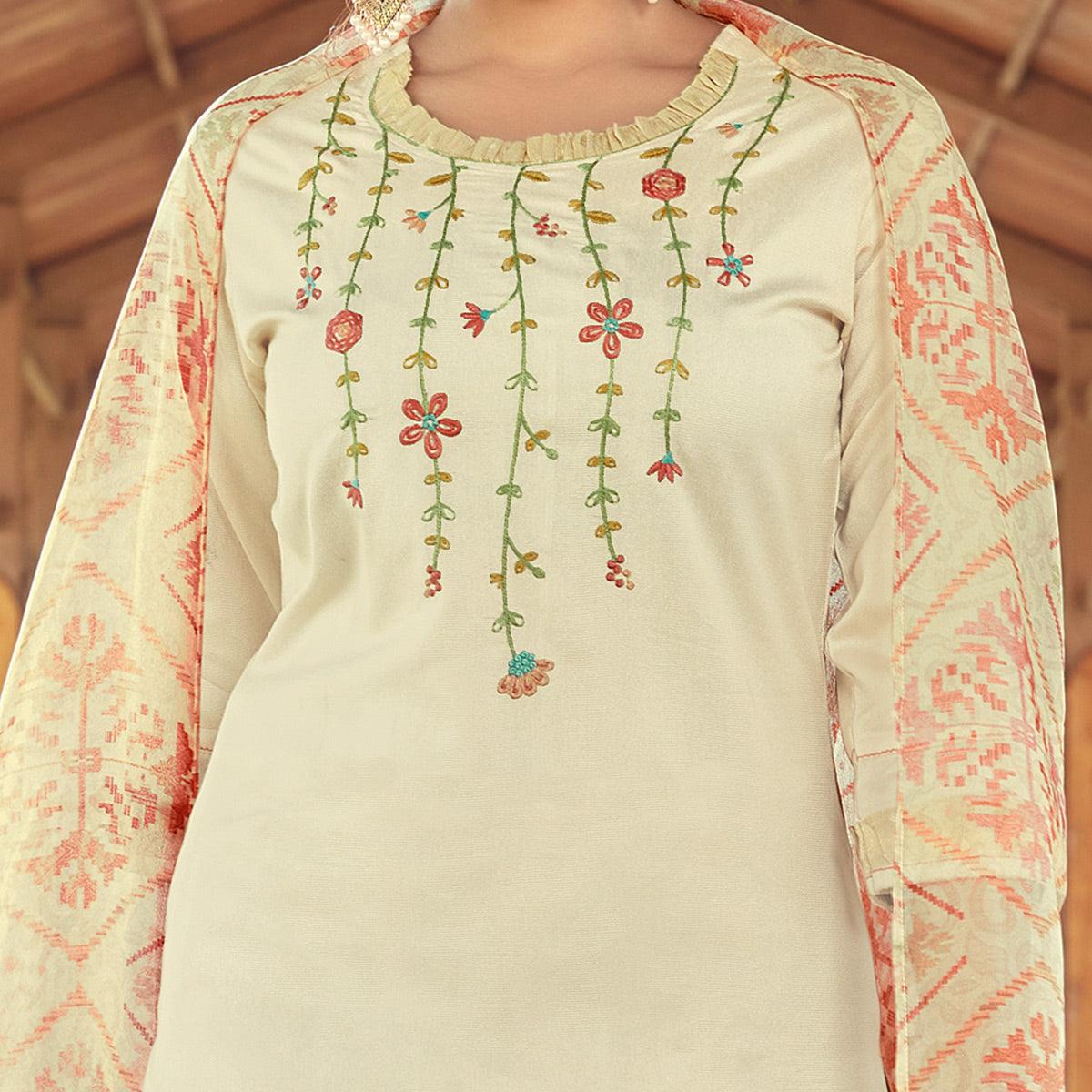 Cream Floral Embroidered Viscose Kurti - Pant Set With Dupatta - Peachmode