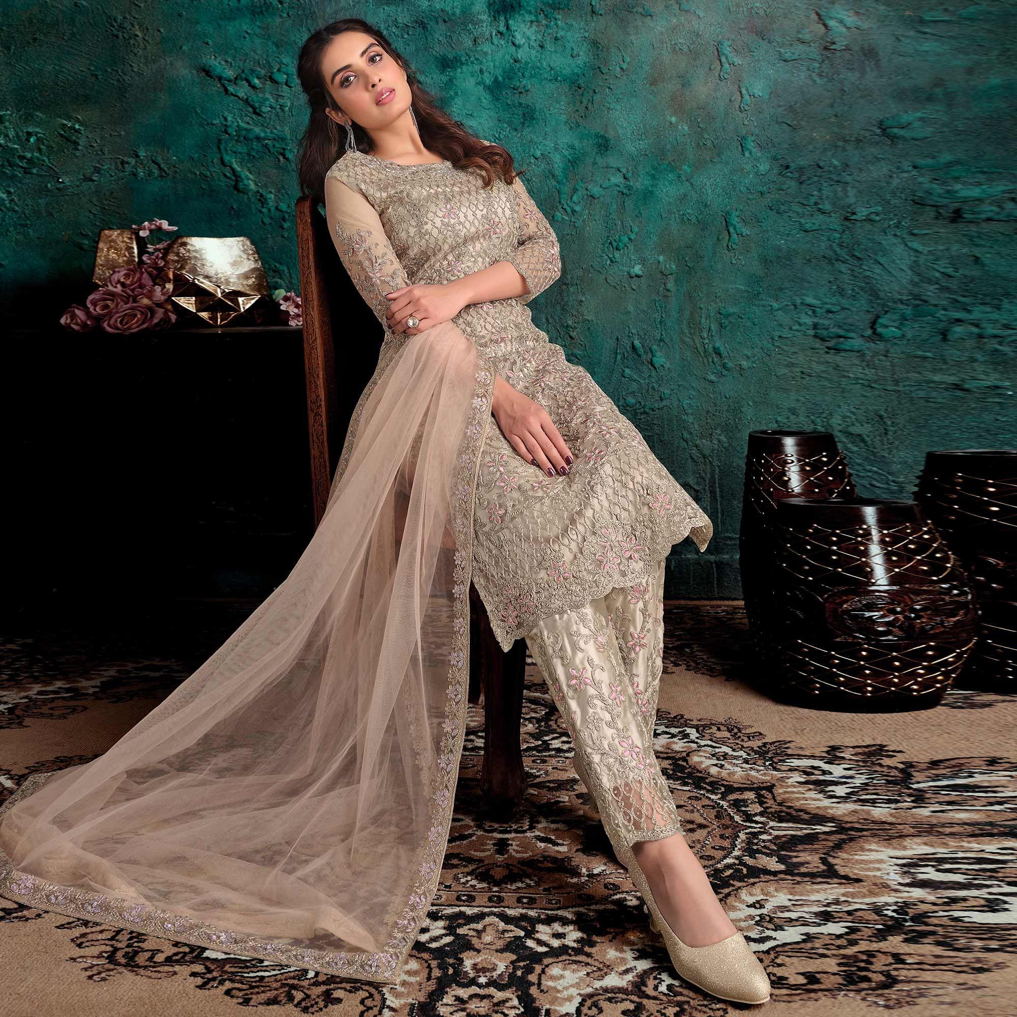 Cream Floral Embroidered Work Net Pakistani Suit - Peachmode