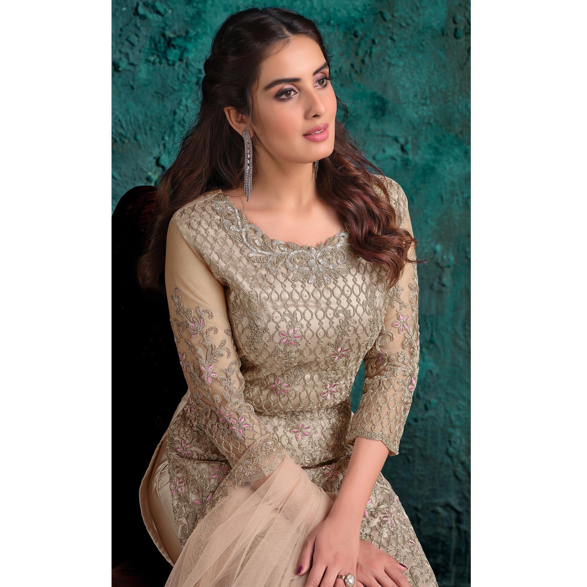 Cream Floral Embroidered Work Net Pakistani Suit - Peachmode