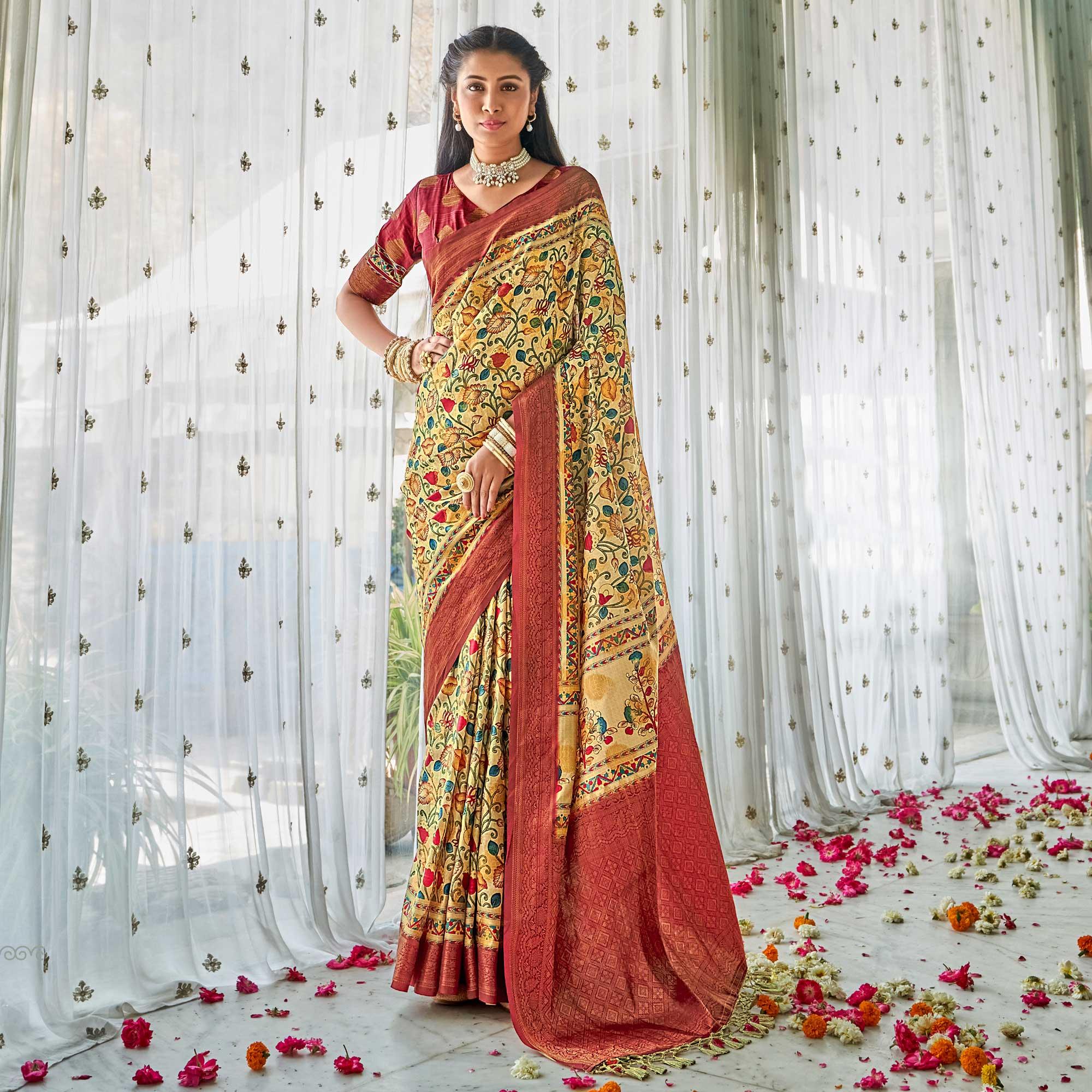 Cream Floral Printed Art Silk Saree - Peachmode
