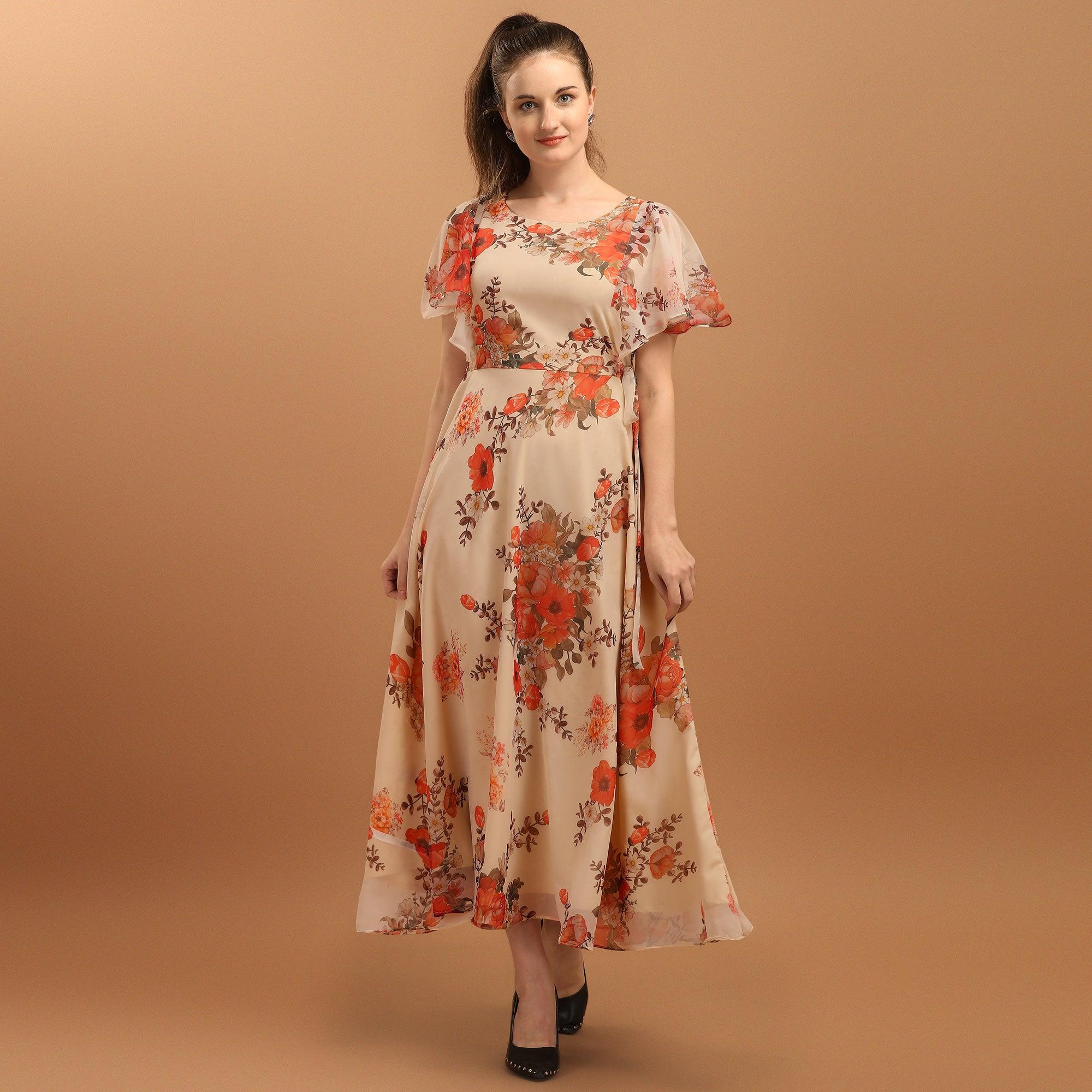 Cream Floral Printed Chiffon Western Dress - Peachmode