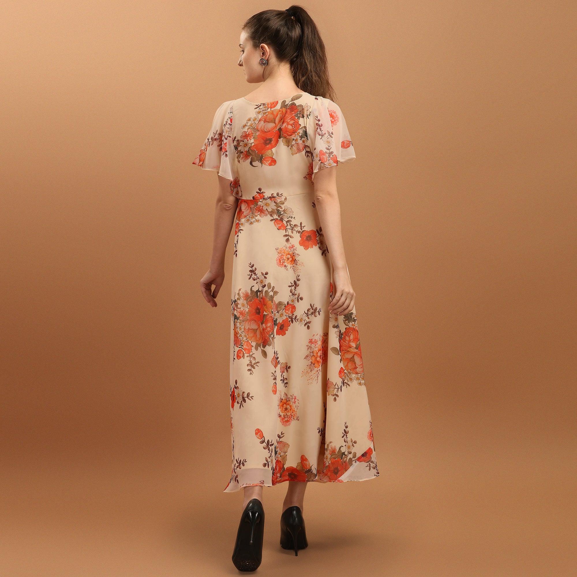 Cream Floral Printed Chiffon Western Dress - Peachmode