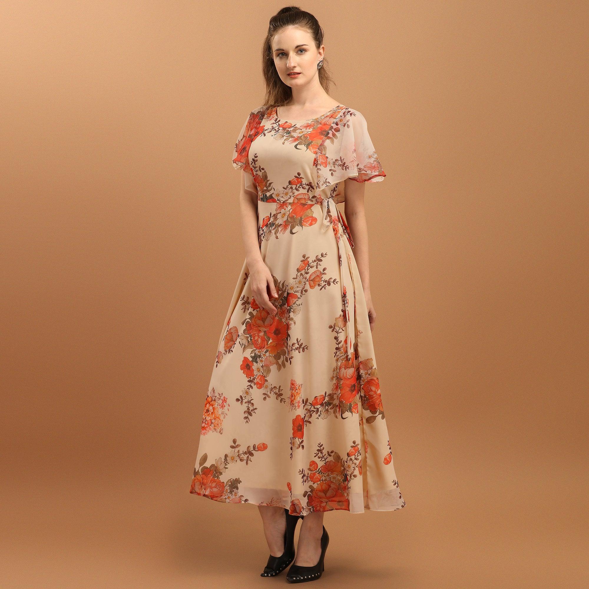 Cream Floral Printed Chiffon Western Dress - Peachmode