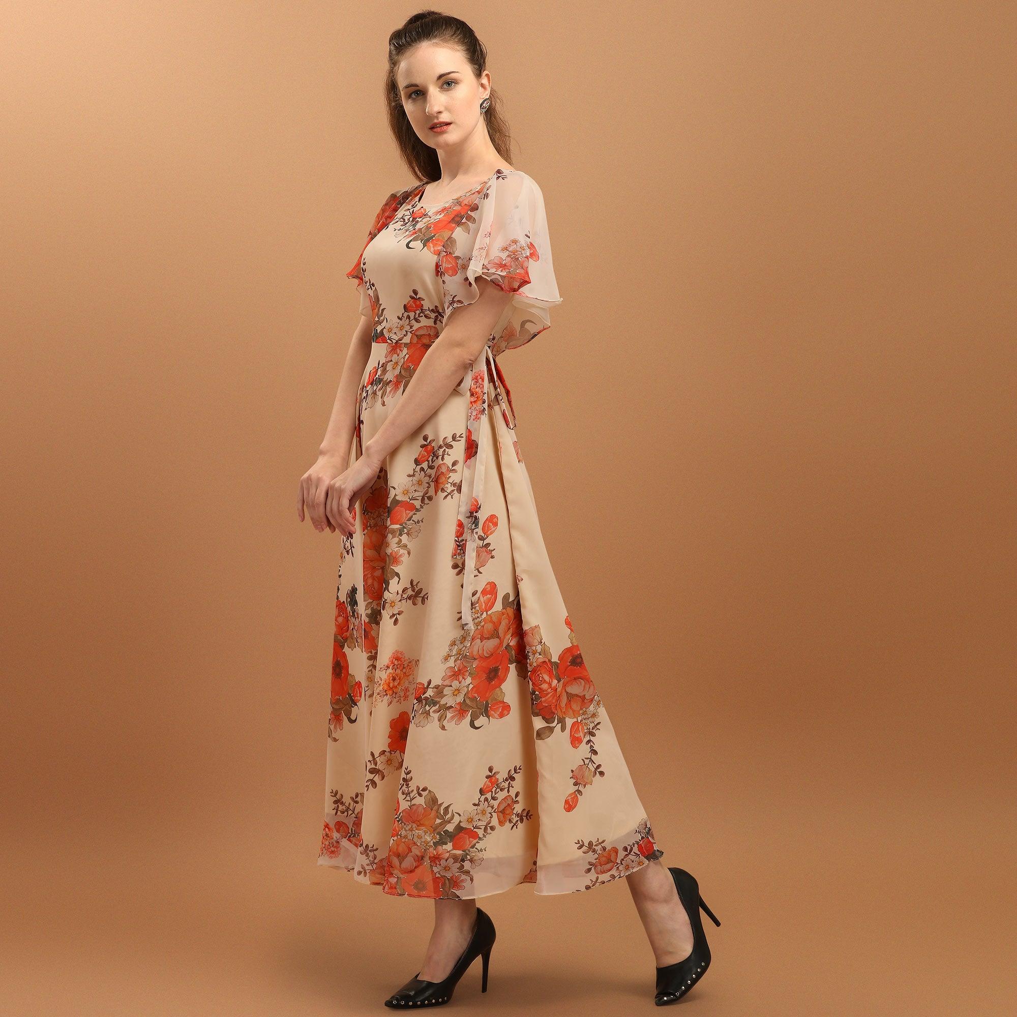 Cream Floral Printed Chiffon Western Dress - Peachmode