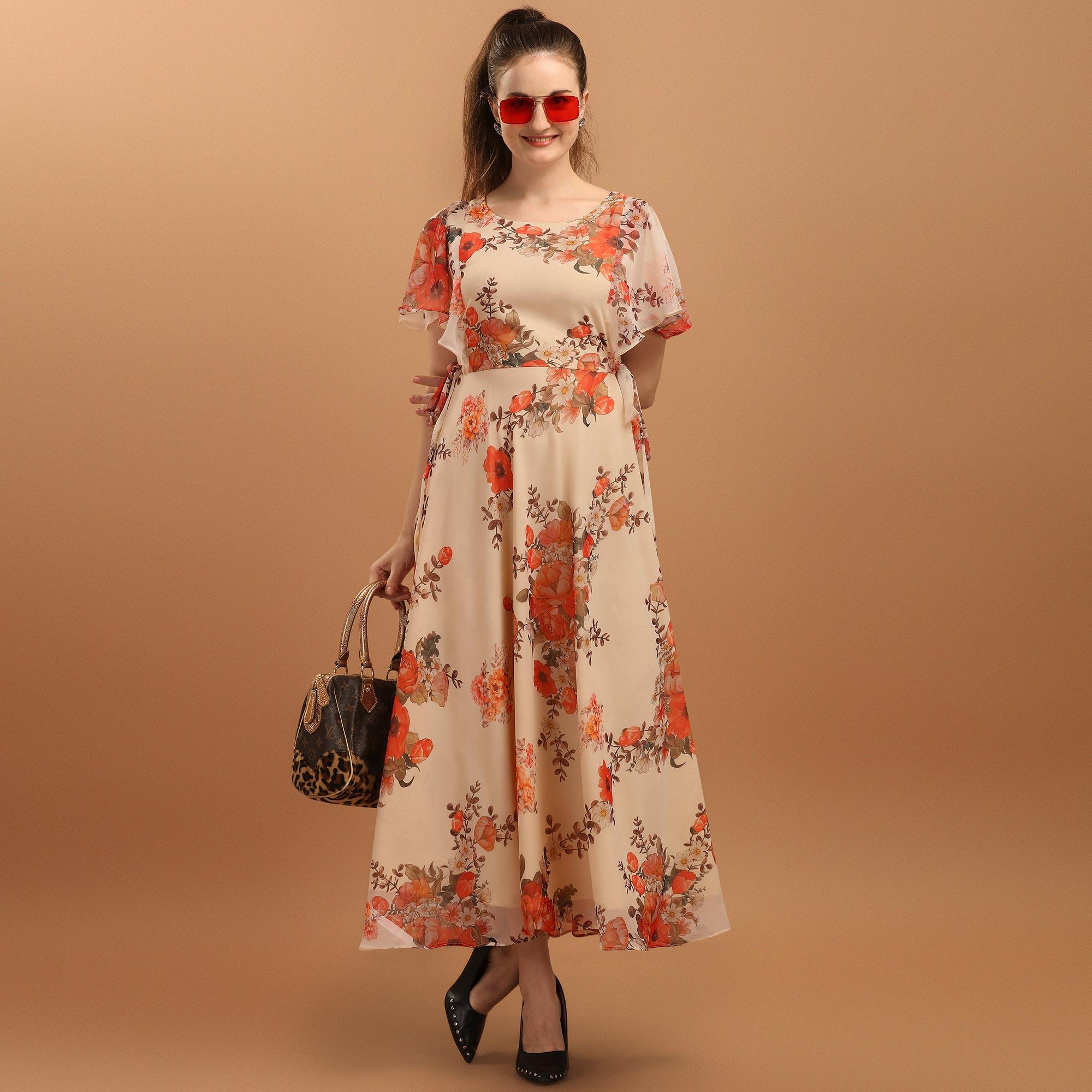 Cream Floral Printed Chiffon Western Dress - Peachmode