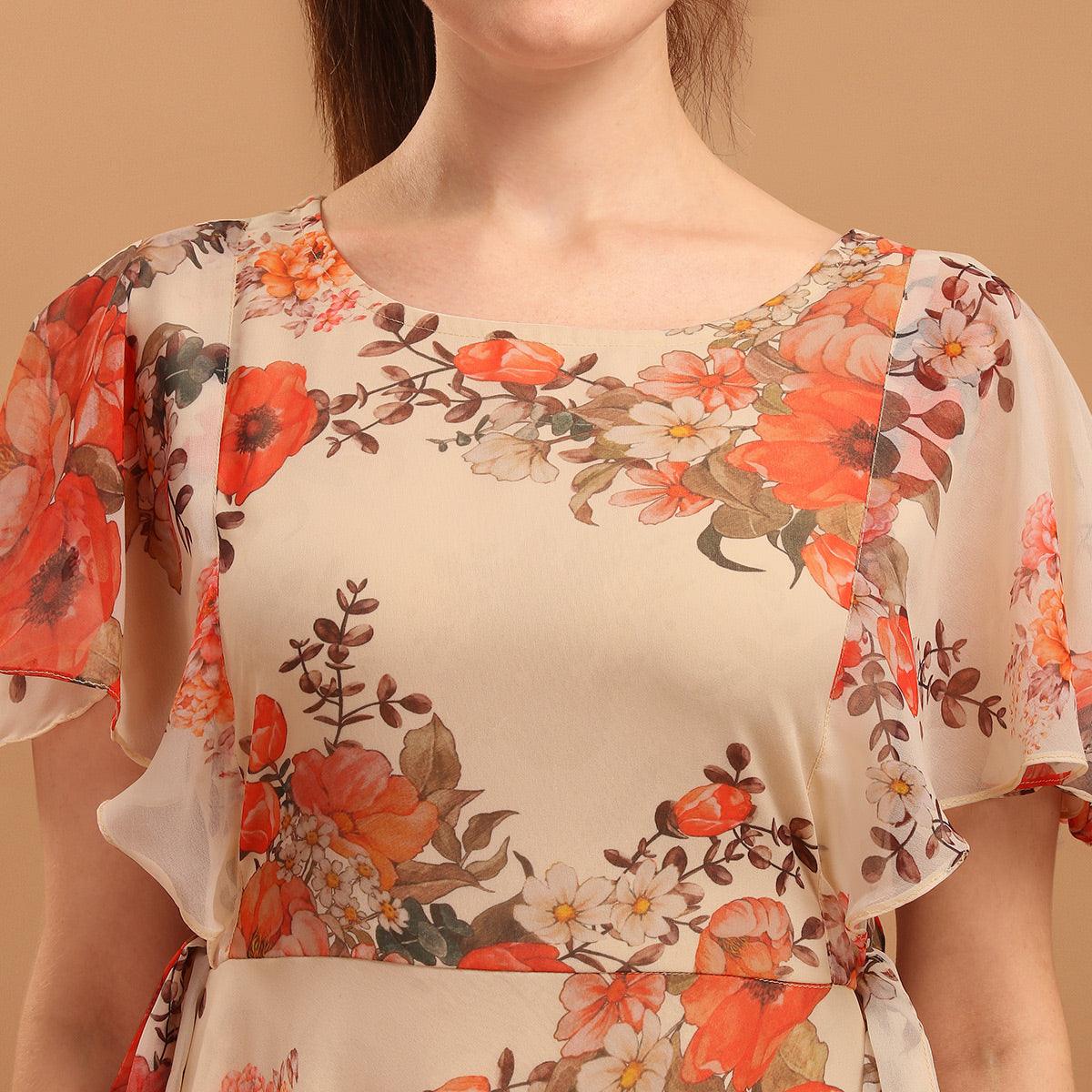 Cream Floral Printed Chiffon Western Dress - Peachmode