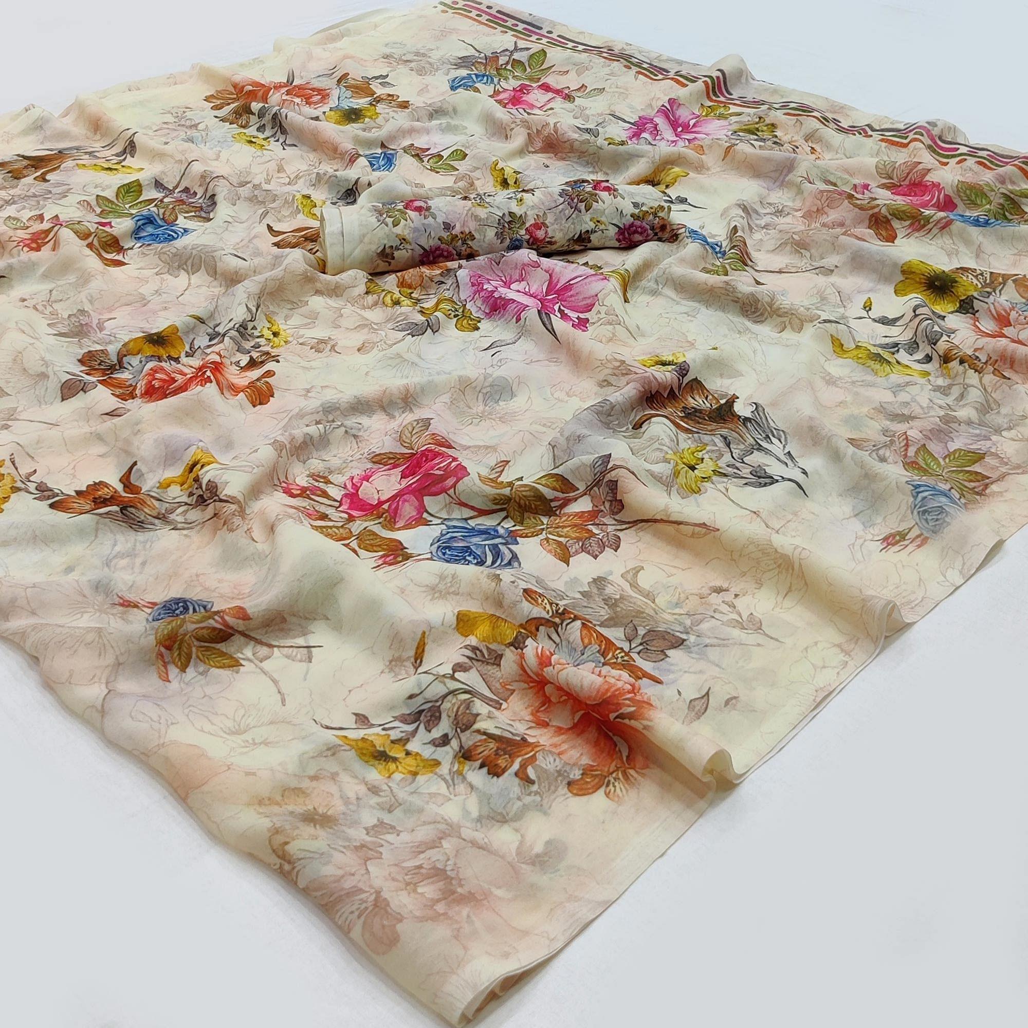 Cream Floral Printed Georgette Saree - Peachmode