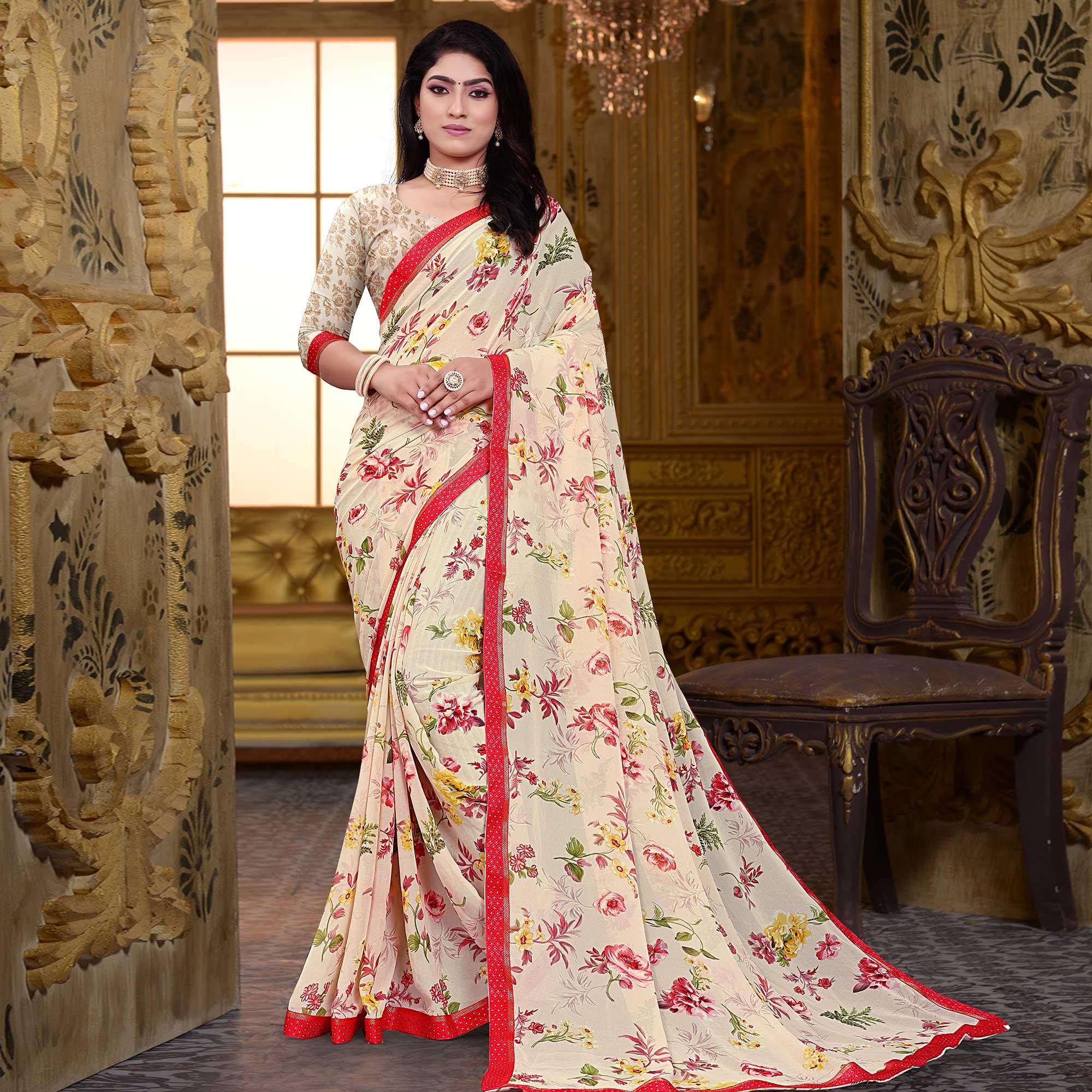 Cream Floral Printed Georgette Saree - Peachmode