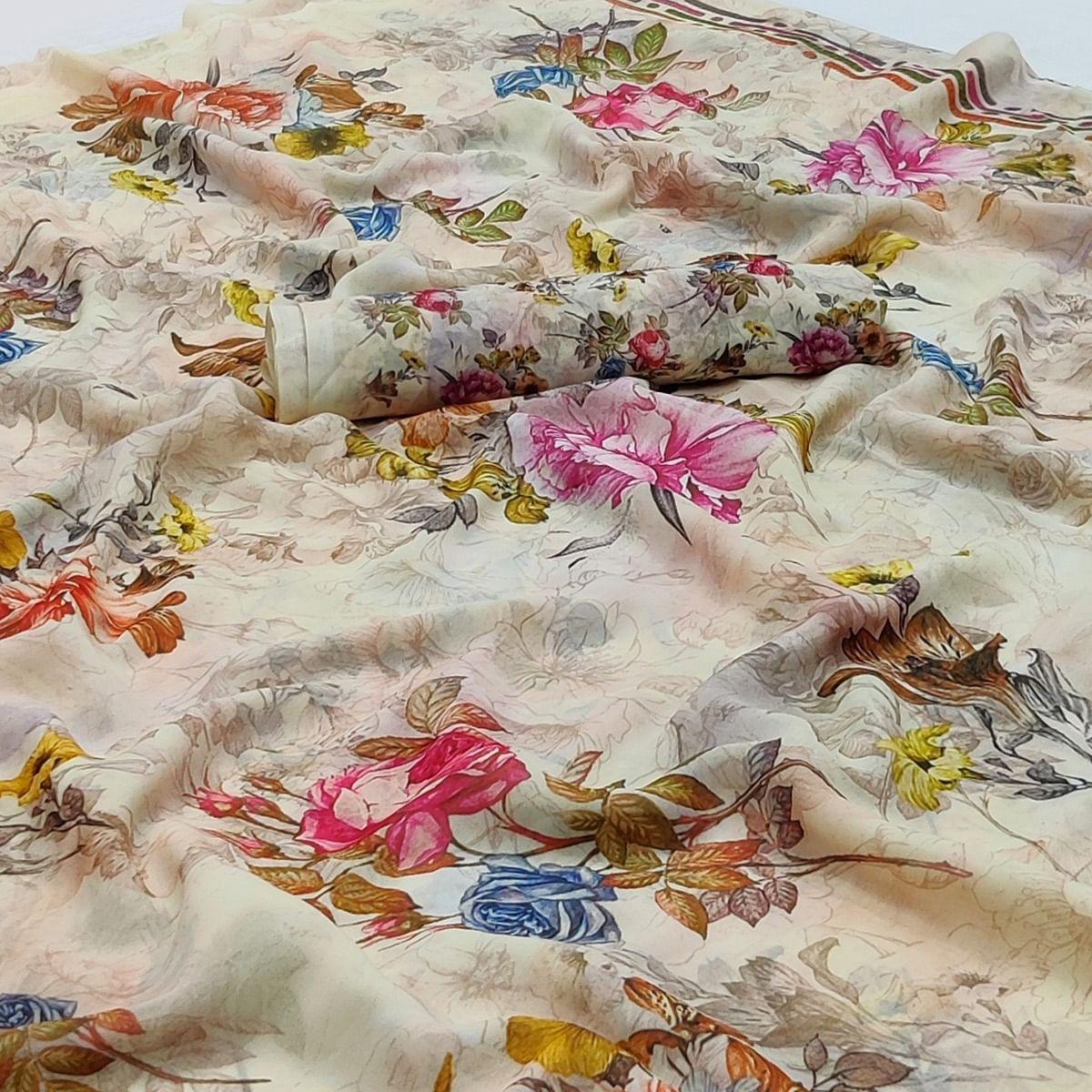 Cream Floral Printed Georgette Saree - Peachmode