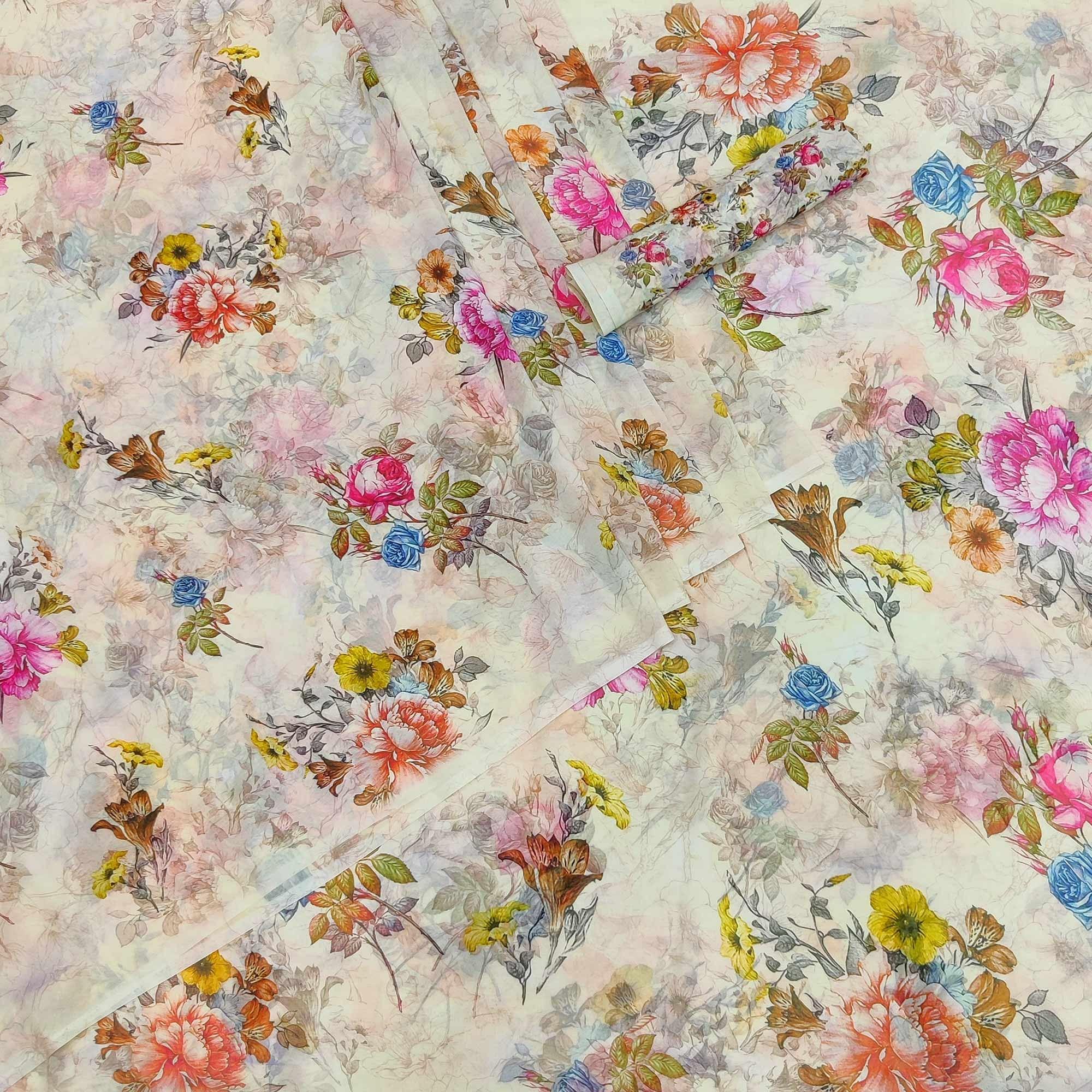 Cream Floral Printed Georgette Saree - Peachmode