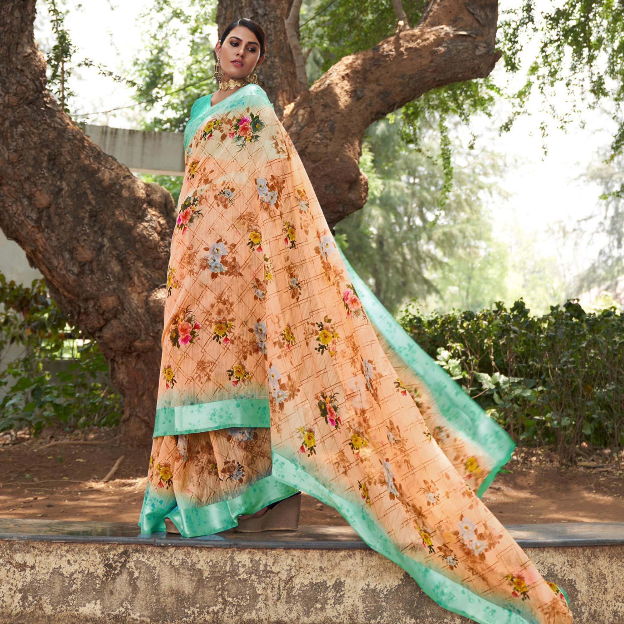 Cream Floral Printed Linen Saree - Peachmode