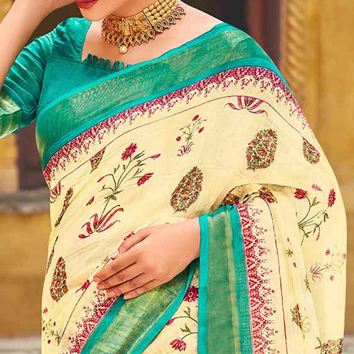 Mantis Green Printed Linen Saree With Floral Jaal Design | Singhania's