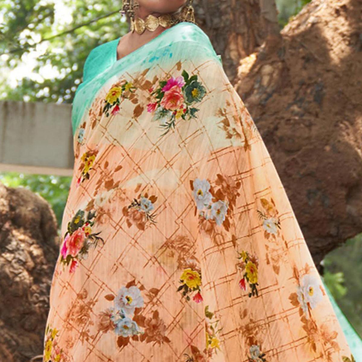 Cream Floral Printed Linen Saree - Peachmode