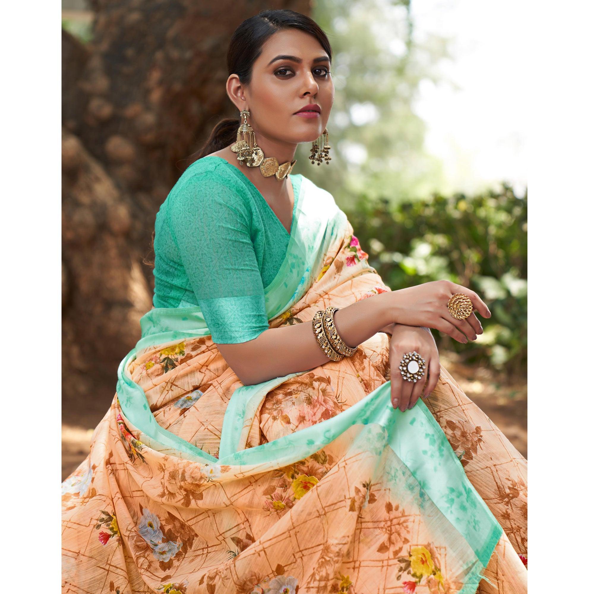 Cream Floral Printed Linen Saree - Peachmode