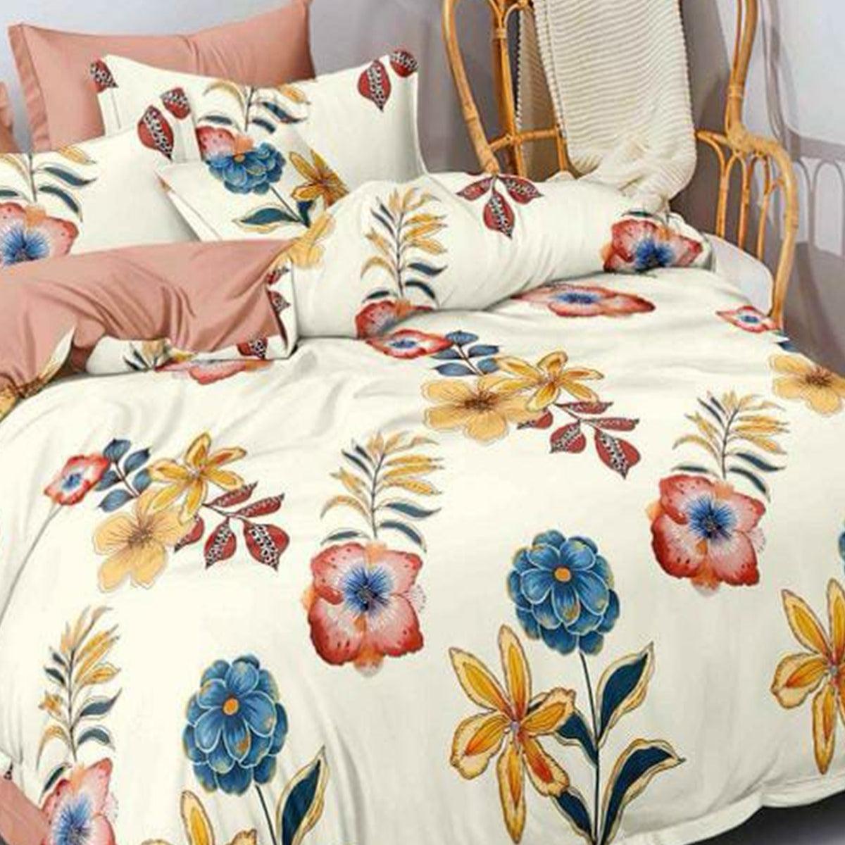 Cream Floral Printed Poly Cotton Double Bedsheet With Pillow Cover - Peachmode
