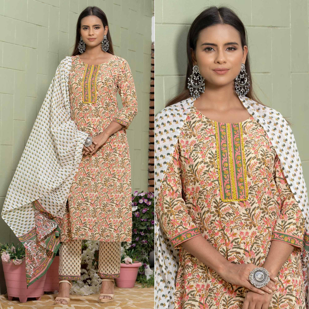 Cream Partywear Printed With Embellished Cotton Kurti Pant Set