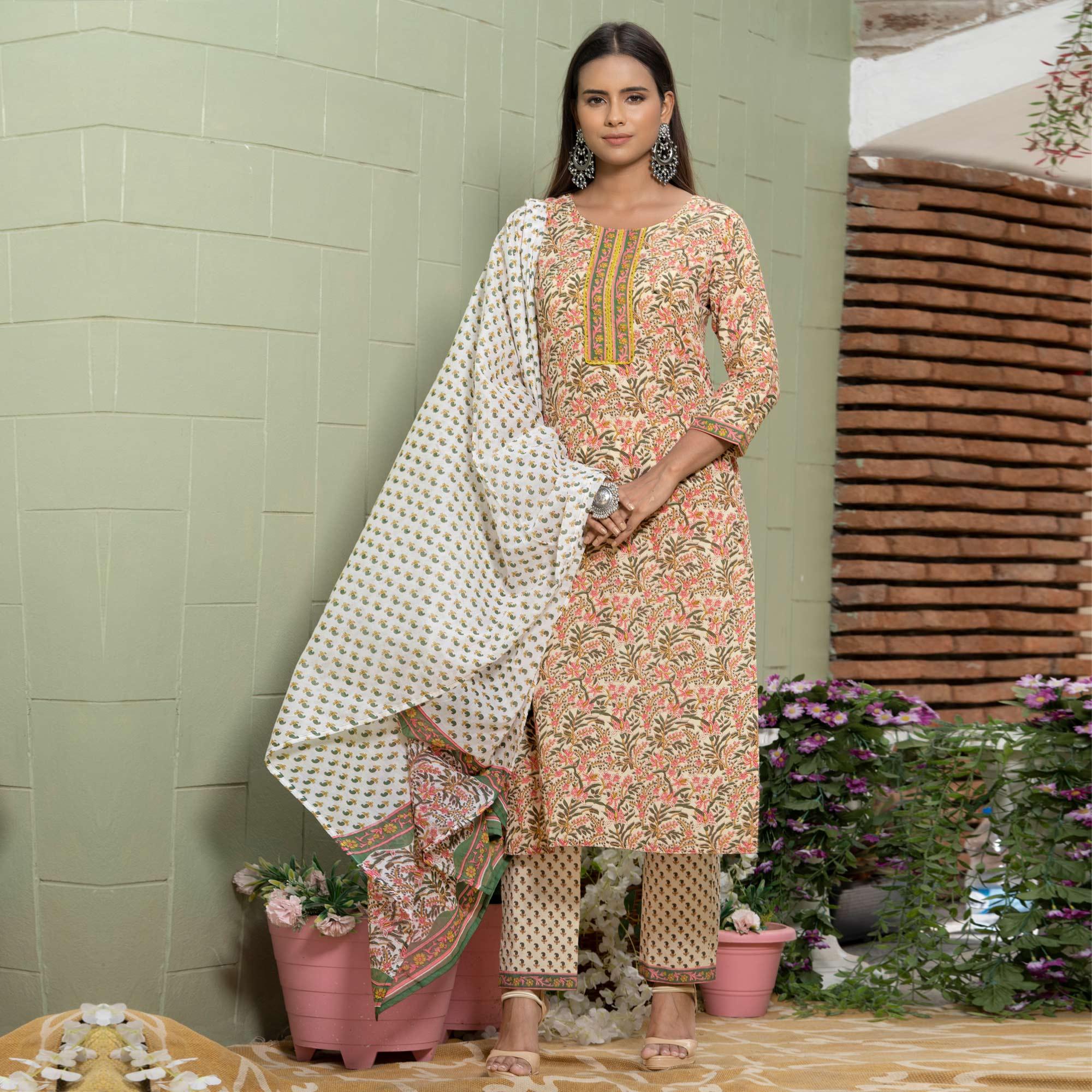 Cream Floral Printed Poly Cotton Kurti Pant Set With Dupatta - Peachmode