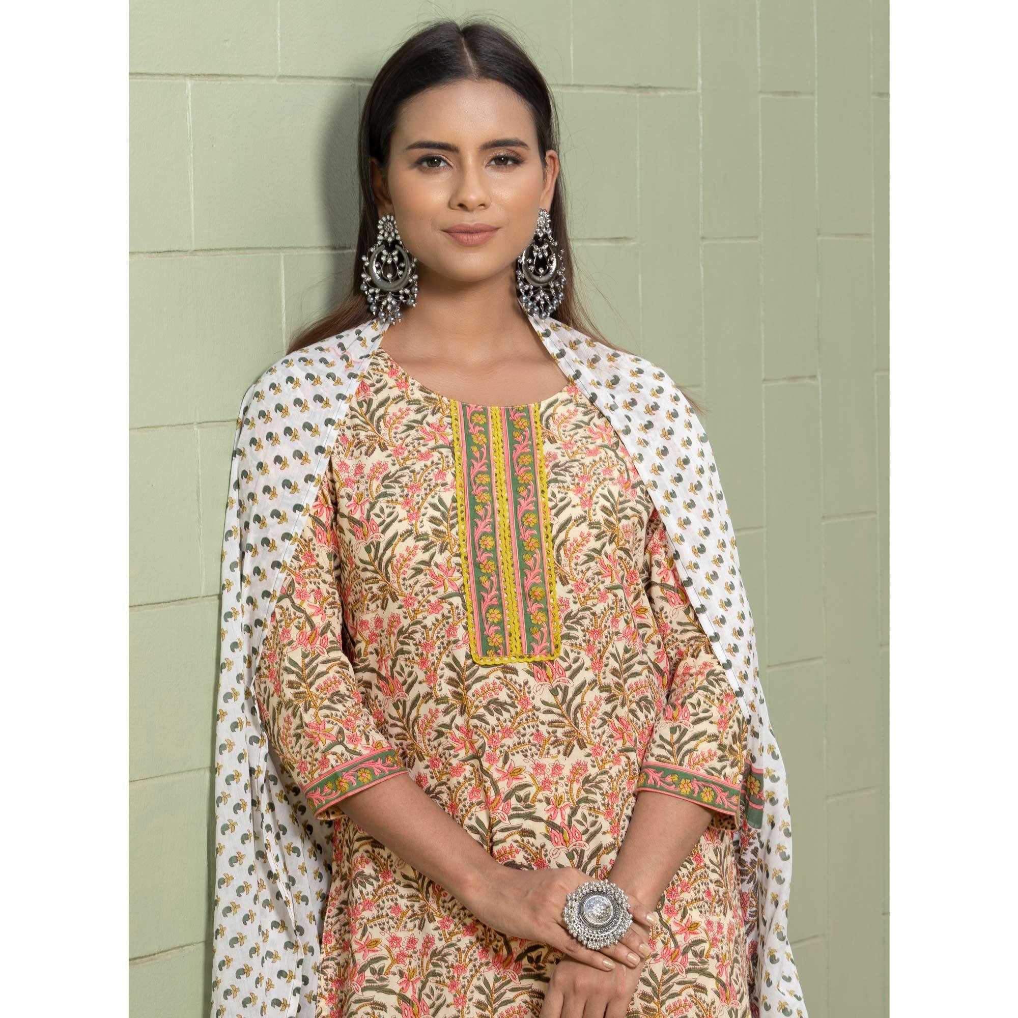 Cream Floral Printed Poly Cotton Kurti Pant Set With Dupatta - Peachmode