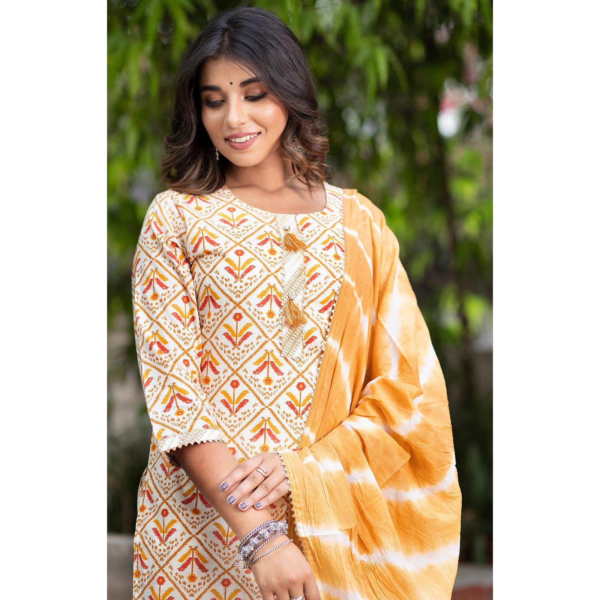 Cream Floral Printed Pure Cotton Kurti Pant Set With Dupatta - Peachmode