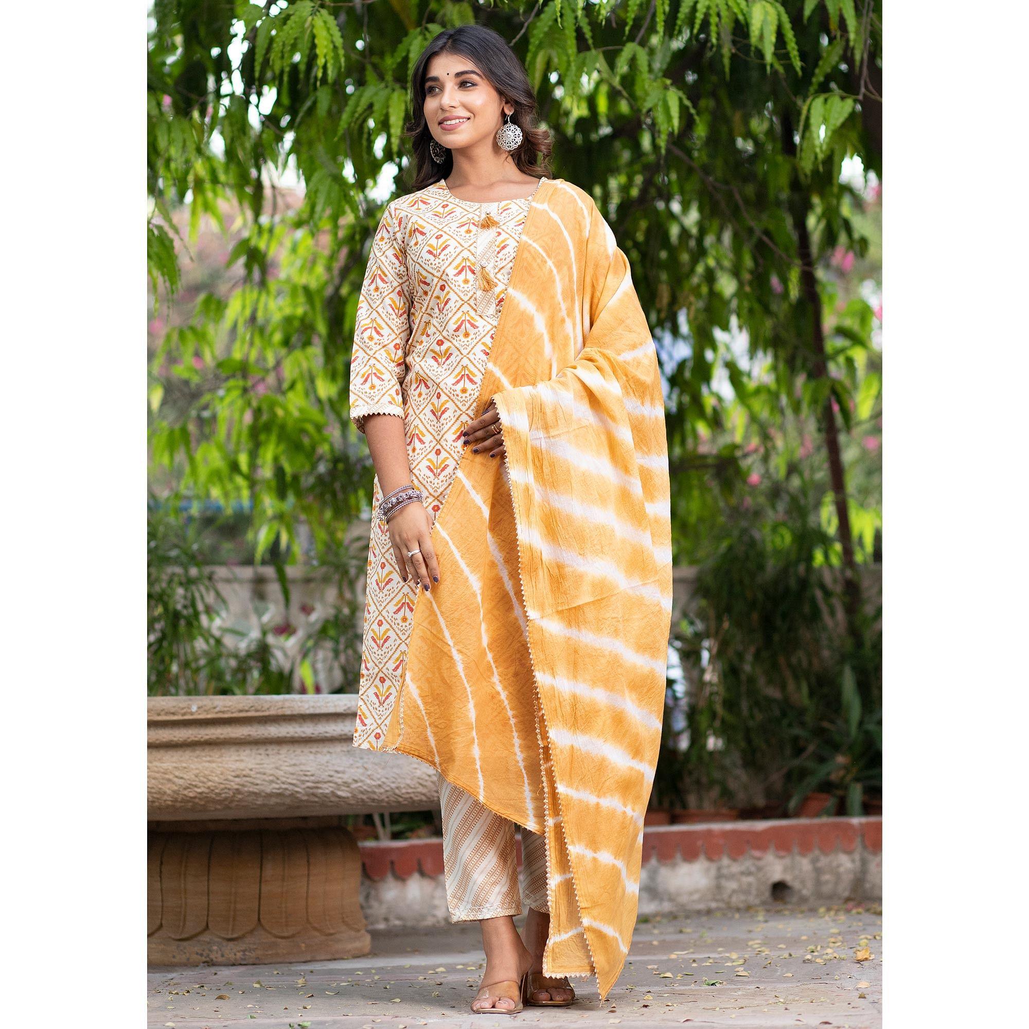 Cream Floral Printed Pure Cotton Kurti Pant Set With Dupatta - Peachmode