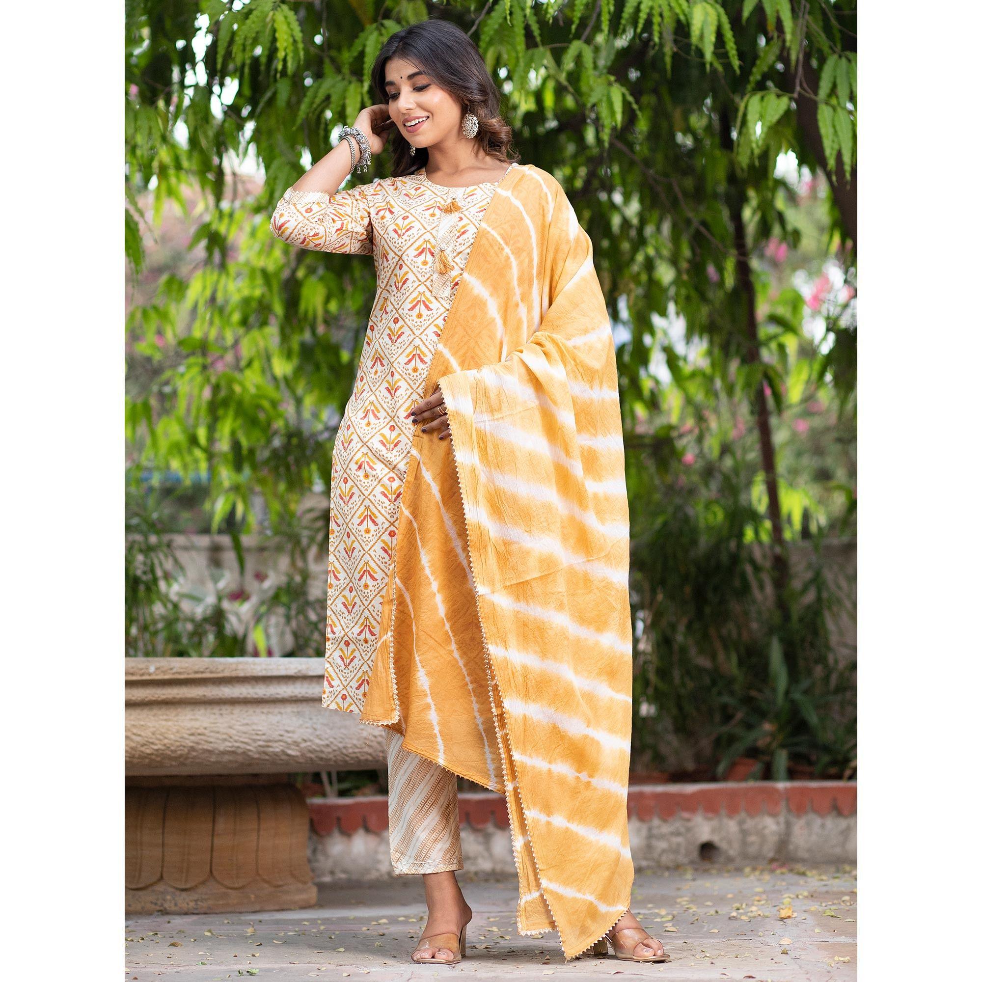 Cream Floral Printed Pure Cotton Kurti Pant Set With Dupatta - Peachmode