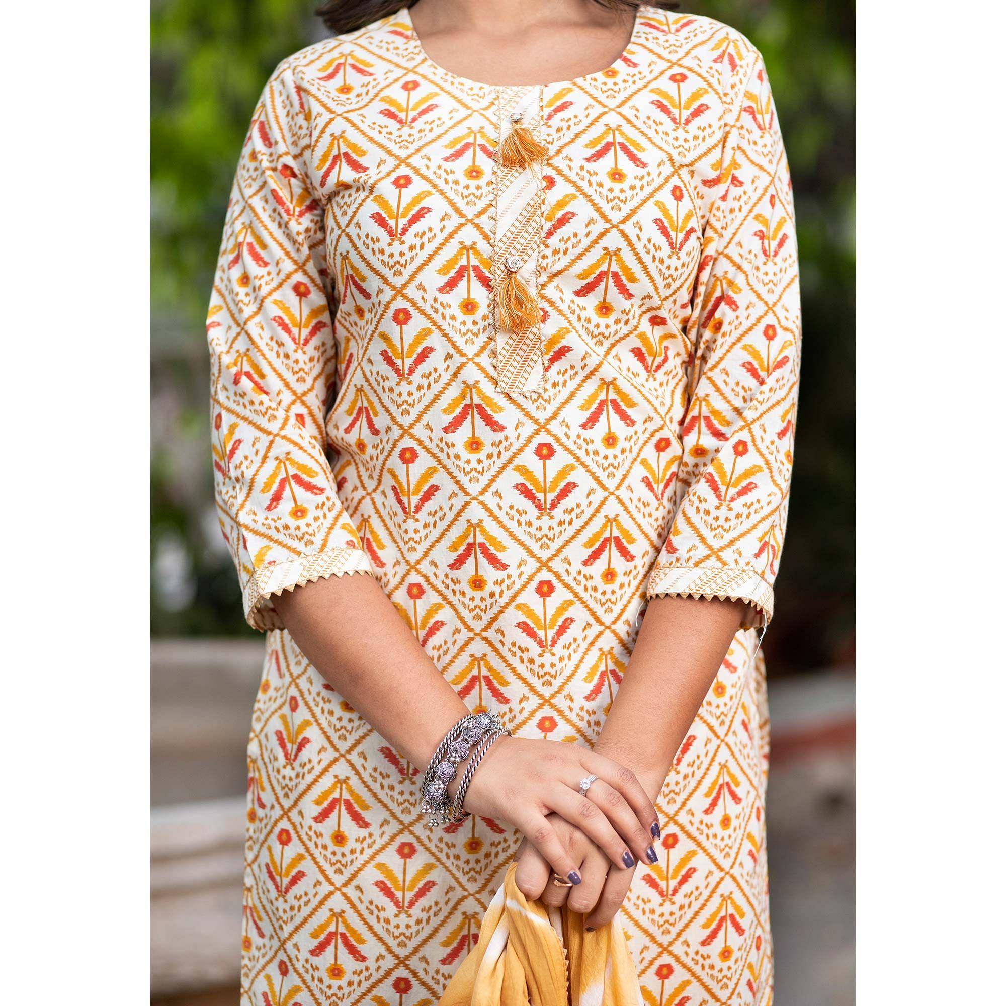 Cream Floral Printed Pure Cotton Kurti Pant Set With Dupatta - Peachmode