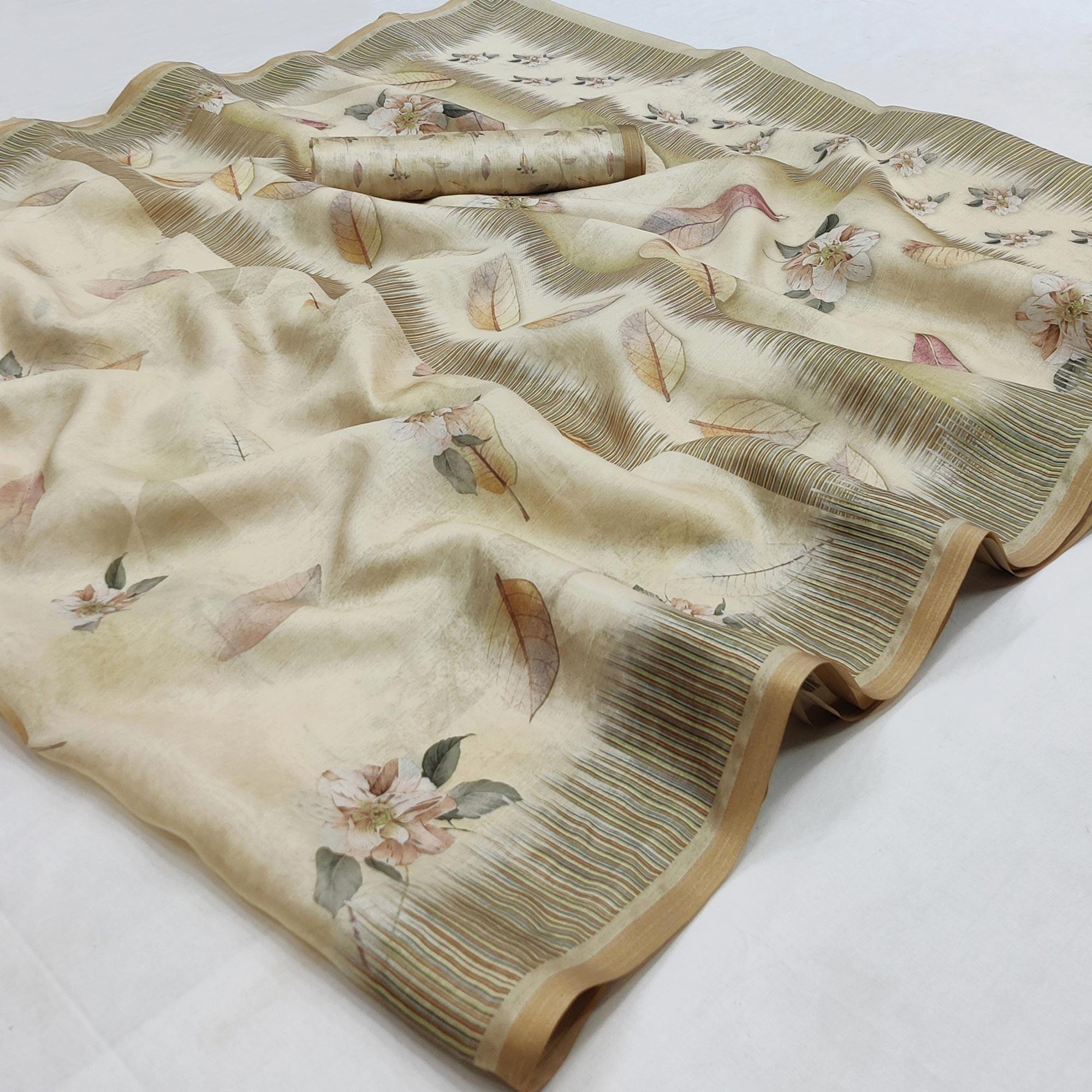 Cream Floral Printed Pure Cotton Saree - Peachmode