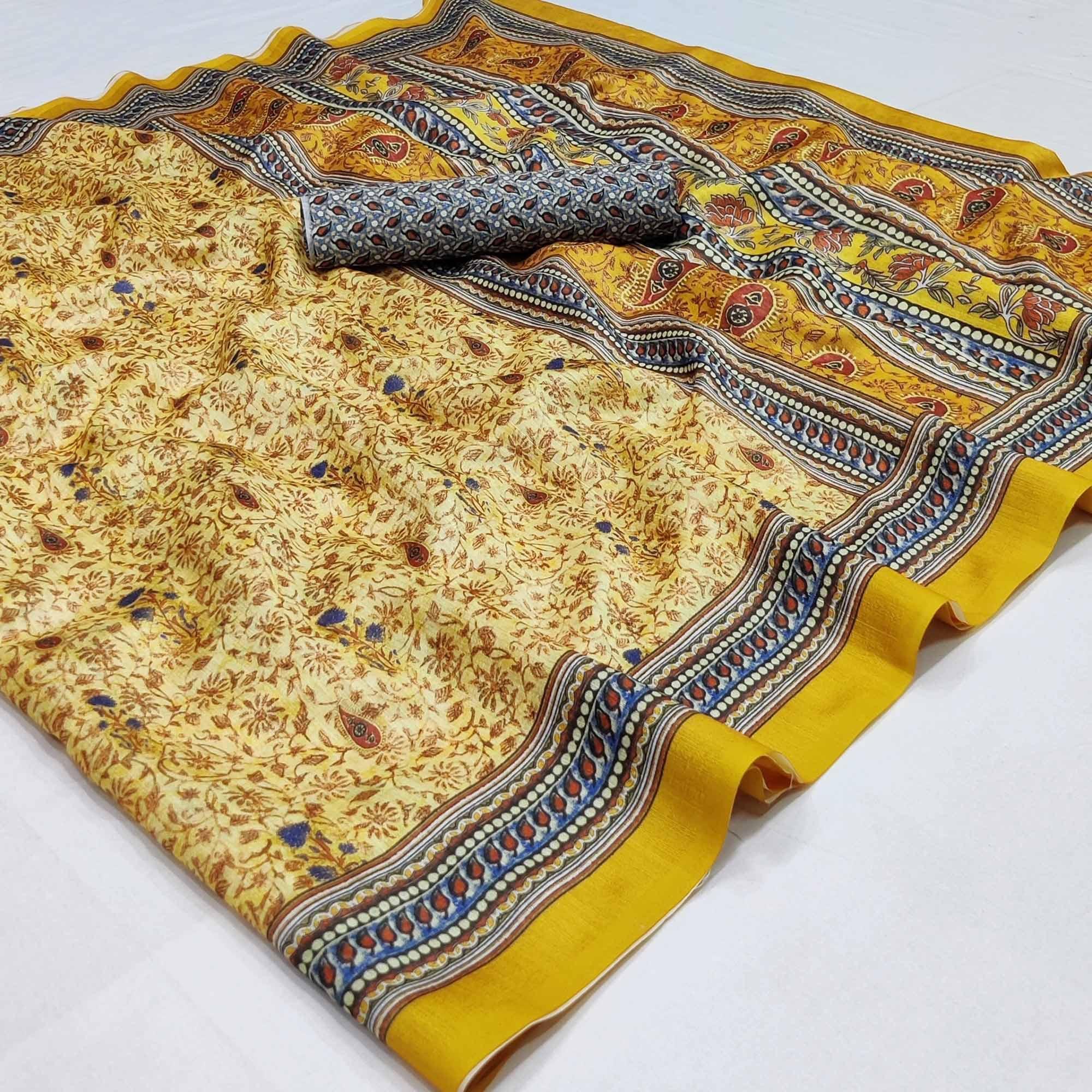 Cream Floral Printed Pure Cotton Saree - Peachmode