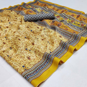 Cream Floral Printed Pure Cotton Saree - Peachmode