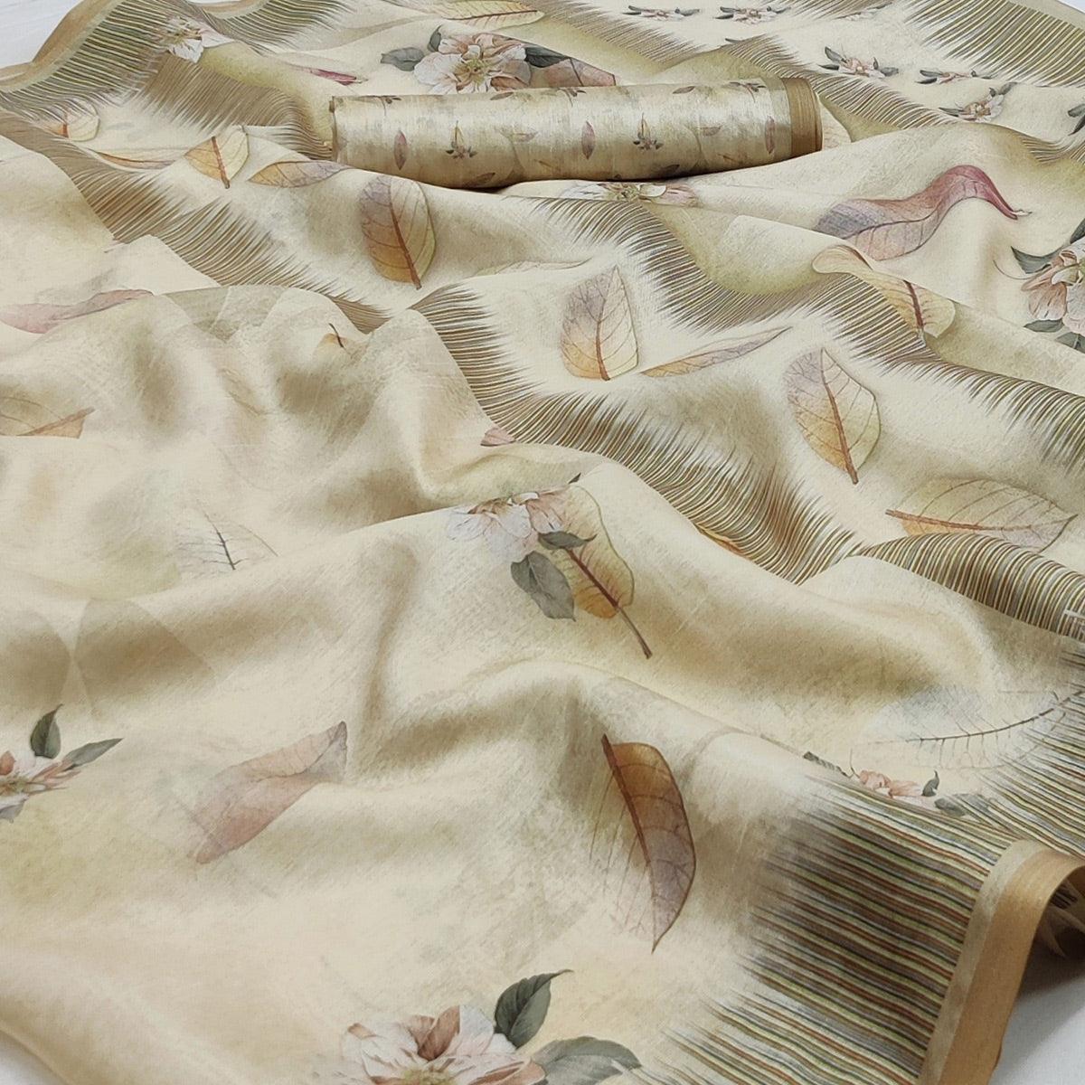 Cream Floral Printed Pure Cotton Saree - Peachmode