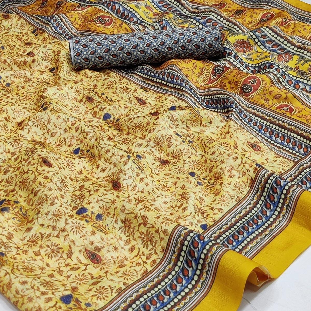 Cream Floral Printed Pure Cotton Saree - Peachmode