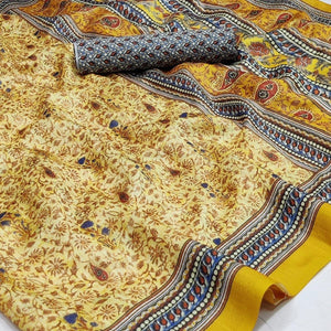 Cream Floral Printed Pure Cotton Saree - Peachmode