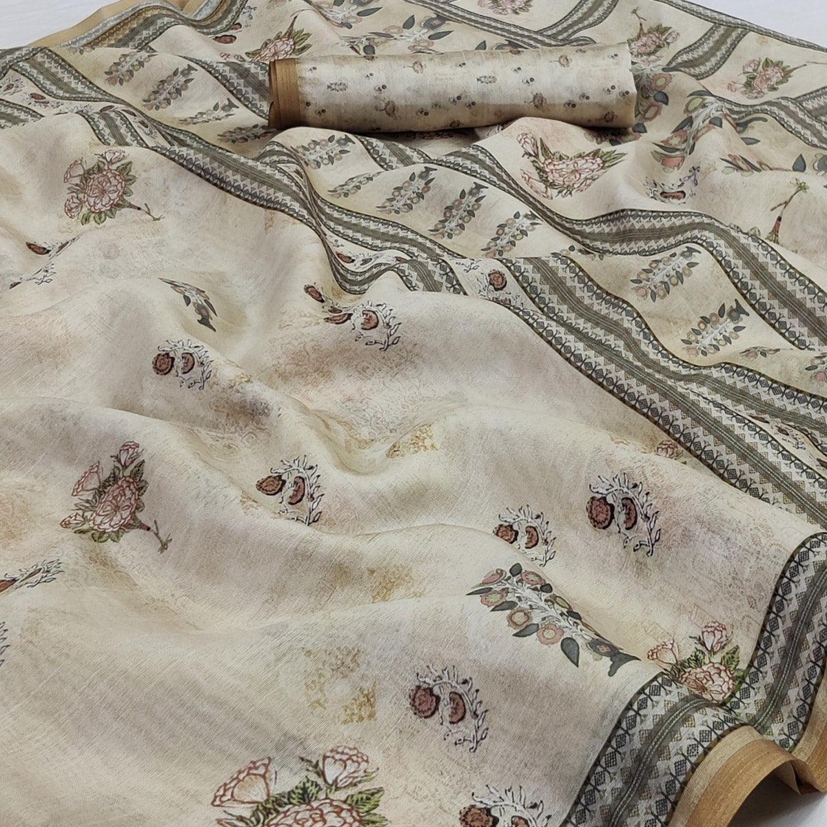 Cream Floral Printed Pure Cotton Saree - Peachmode
