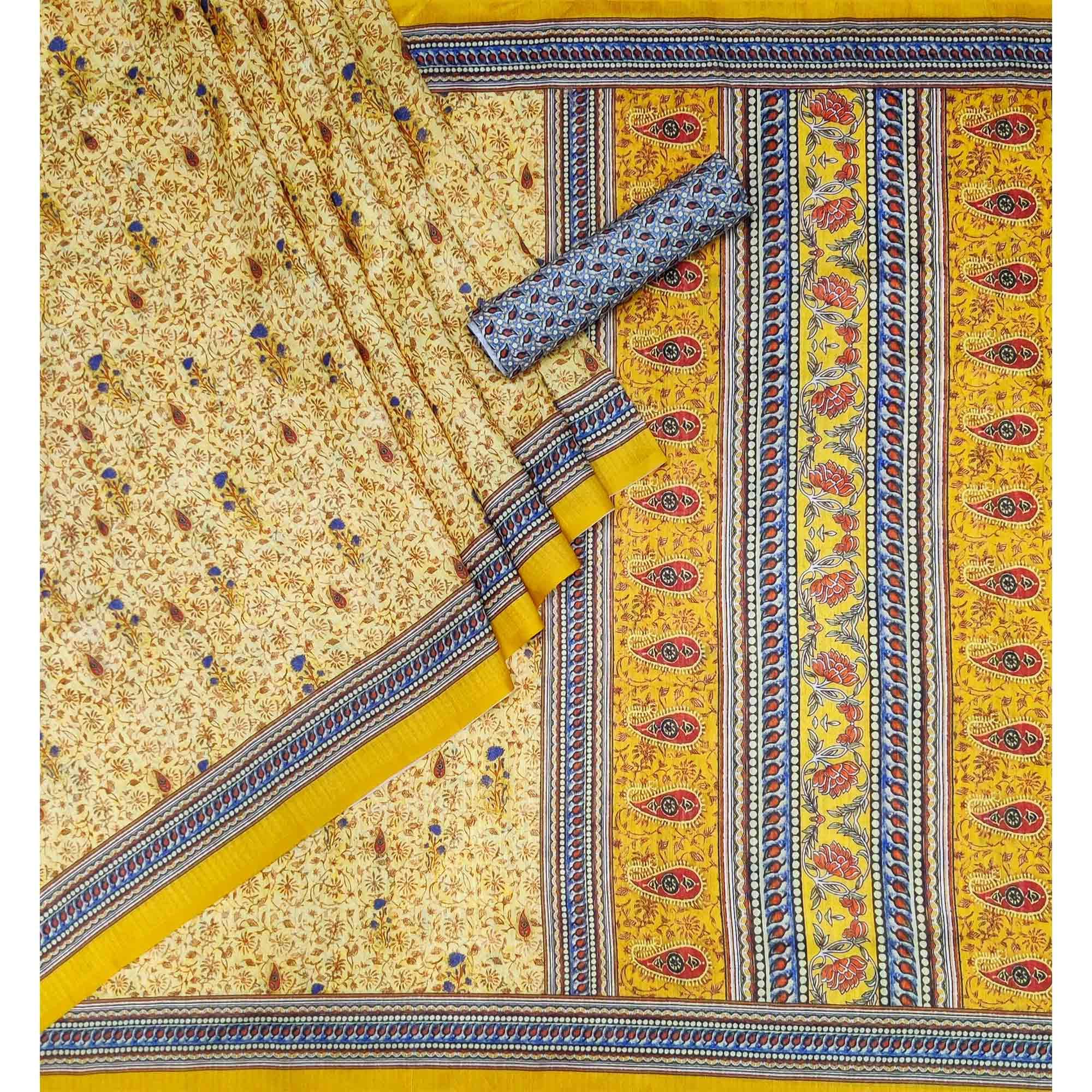 Cream Floral Printed Pure Cotton Saree - Peachmode