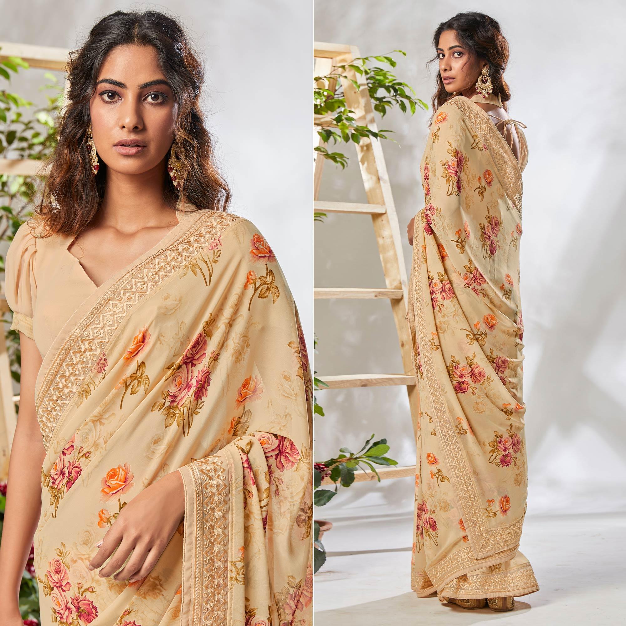 Cream Floral Printed With Embroidered Border Georgette Saree - Peachmode