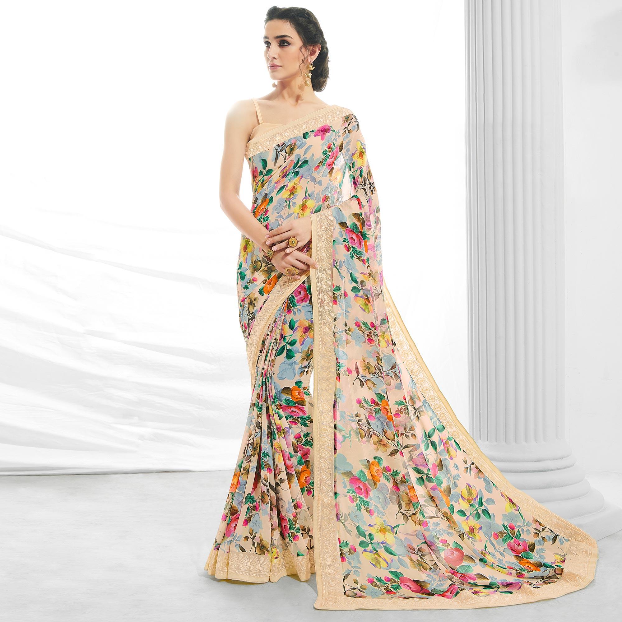Cream Floral Printed With Embroidered Border Georgette Saree - Peachmode