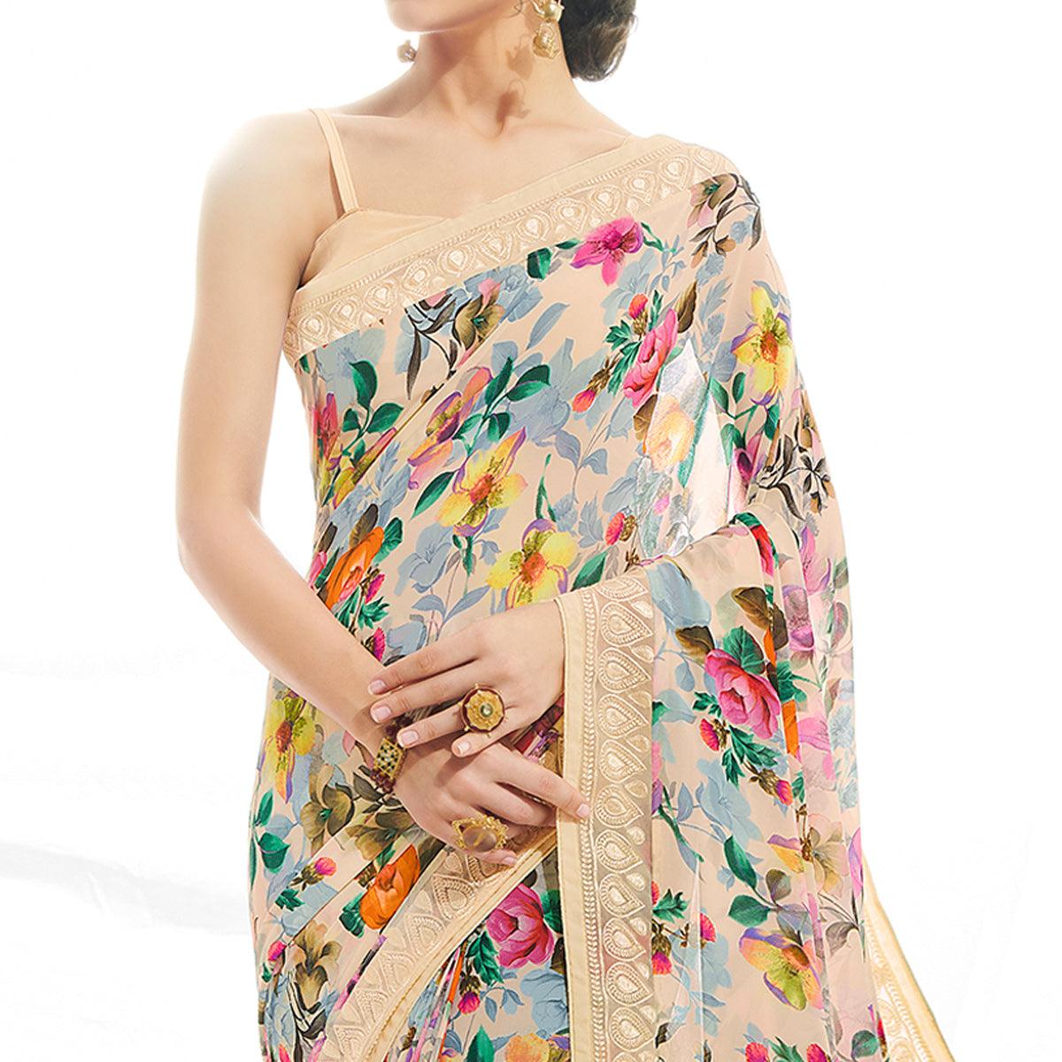 Cream Floral Printed With Embroidered Border Georgette Saree - Peachmode