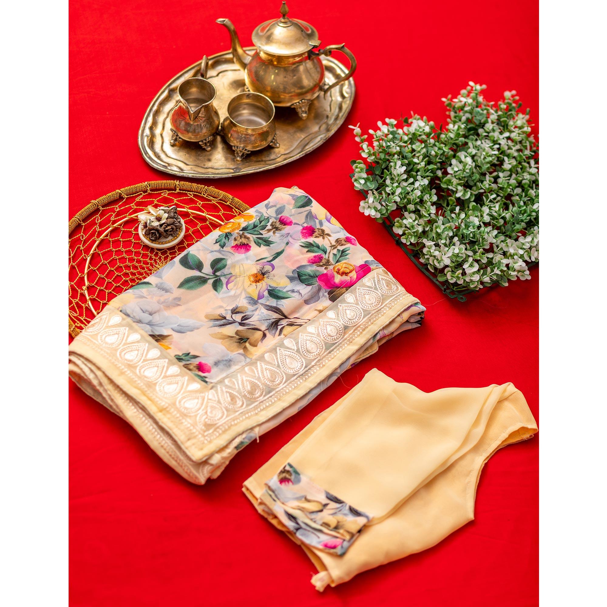 Cream Floral Printed With Embroidered Border Georgette Saree - Peachmode