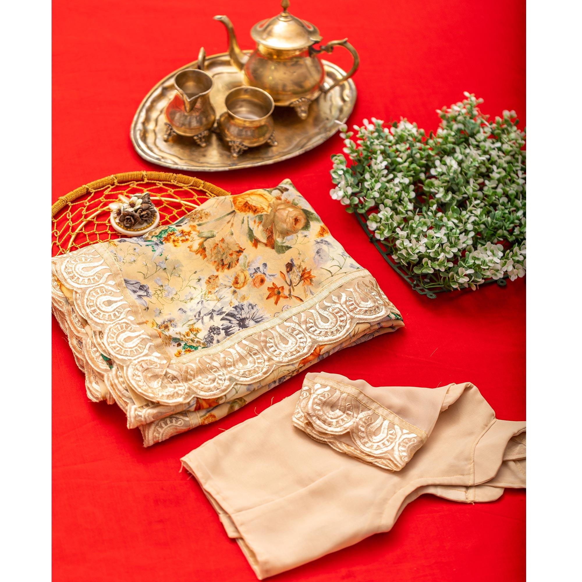 Cream Floral Printed With Embroidered Border Georgette Saree - Peachmode