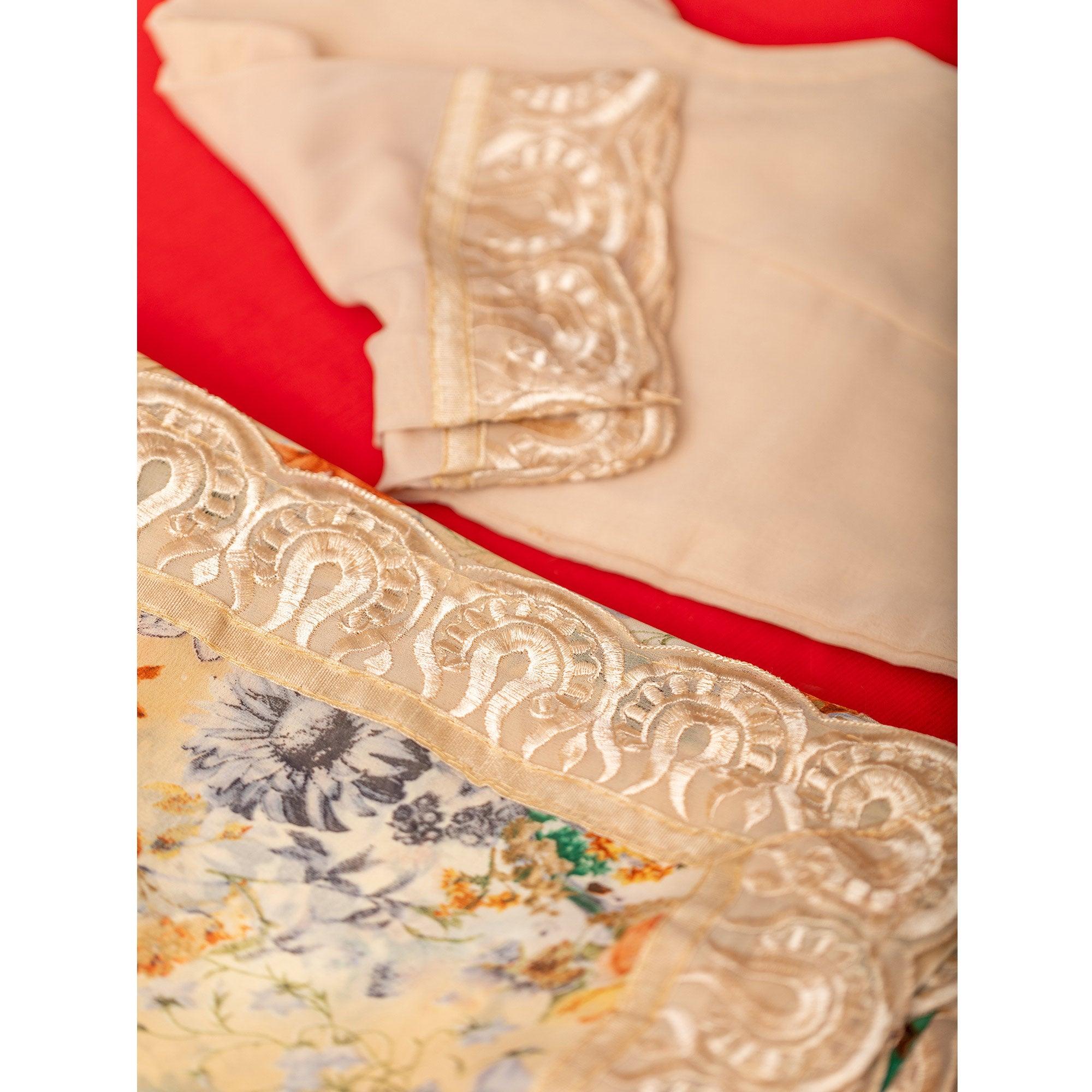 Cream Floral Printed With Embroidered Border Georgette Saree - Peachmode